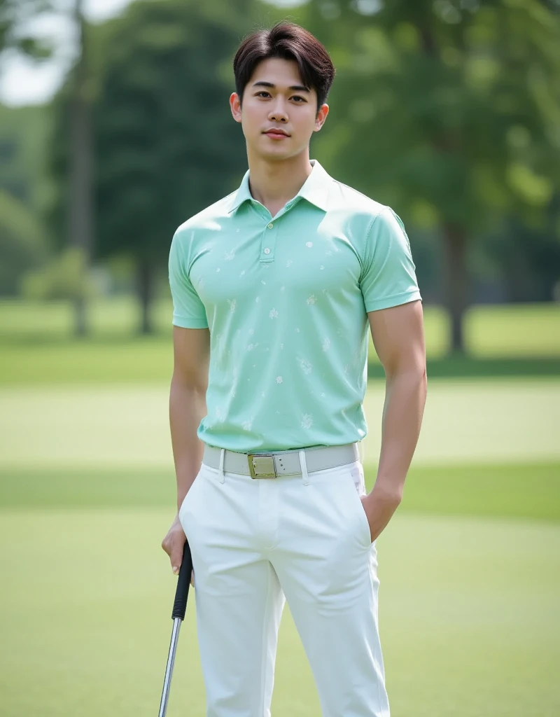 25 year old muscular Asian man, The face looks like that of an Indonesian artist., Bold and cool, Wear a tight white polo shirt., chest visible, Wear black trousers., ((in wonderland)), Pose, Photo model, Very high quality, Very high resolution,