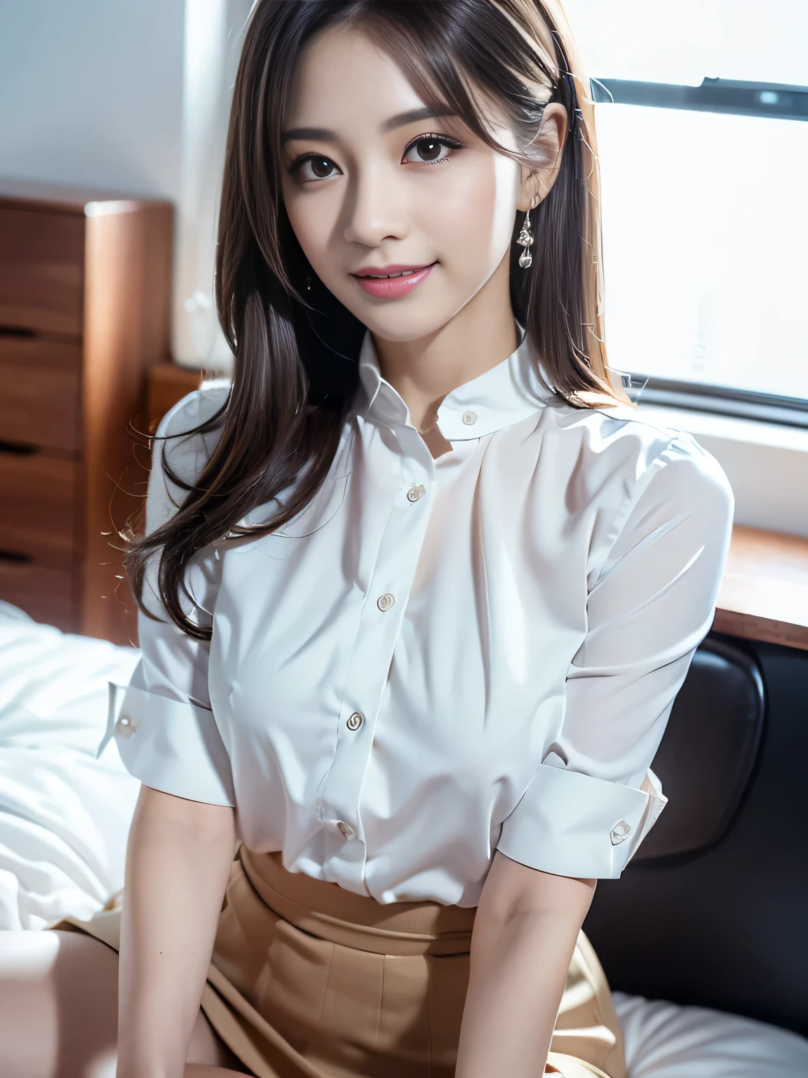 Japanese、beauty、22 years old、Delicate facial features、（Big eyes：1.4）、Brown eyes、The brunette stroked the back of her hair.、Realistic background and accessories、（Big ample breasts:1.4）、（curve）、（Grin）、Captivating Gaze、Office at night、See-through white shirt、Pink micro mini skirt、Celebrity Interiors、Sexy standing pose、Cowboy Shot、（Advanced Depth of Field）、（（do））、（（highest quality））、photograph、reality、High resolution、Super detailed、Realistic lighting
