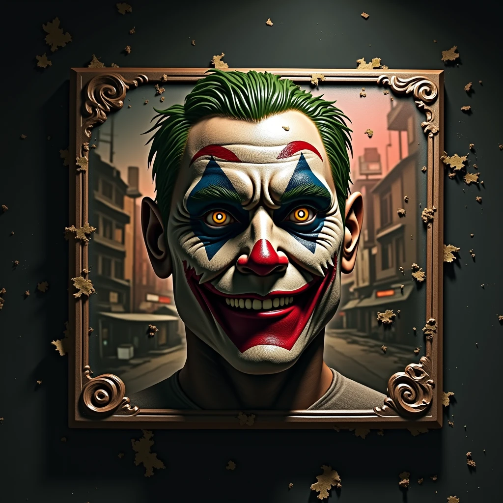 Generate a hyper-realistic AI artwork of Heath Ledger's Joker while he's engaged in a game of cards. The resolution should be as high as possible to bring out the fine details of the cards, the Joker's facial expression, and his distinctive attire. Ensure that the lighting and atmosphere convey the intensity of the moment.
