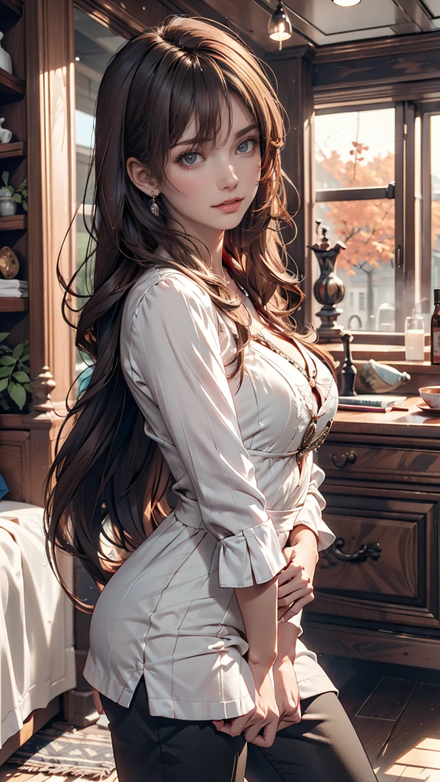Italian girl, 25 years old, long brown hair dressed as a busty chemist