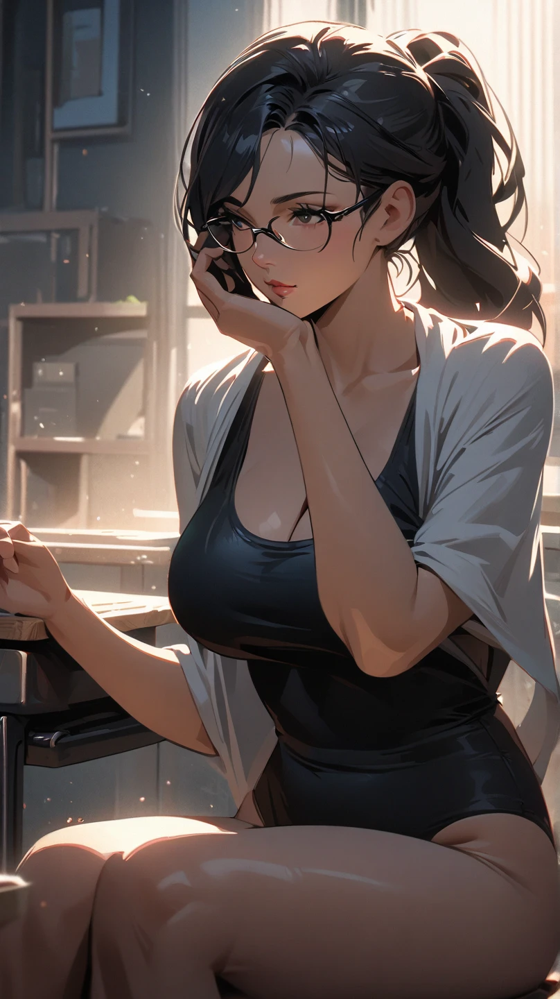 ultra-realistic rendering, highest quality), ((highest quality, 16k, masterpiece: 1.3)), There is a woman sitting on the floor with her legs crossed., with glasses, japanese model, with glasses on, With square glasses, young sensual gravure idol, yasumoto oka, Real young gravure idol, no glasses, Yoshitomo Nara, aoi ogata, Wearing glasses, surreal, ((beautiful skin)),((skin texture)),((Real Touch)), healthy, ruddy skin, beautiful clavicle, knit,Cute freckles on the cheeks,Mole under the left eye,