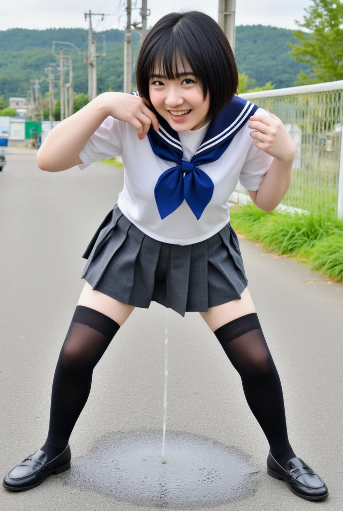 NSFW,(scared expression:1.1,close mouth:1.4),female junior high school student, Sailor suit, masterpiece, best quality, highres, short hair, earrings, necklace, jewelry, full body, extremely detailed face, (slum area, afternoon garbage dump), (looking at viewer), sneakers, ((lift up own skirt and show tight s panties:1.3)),