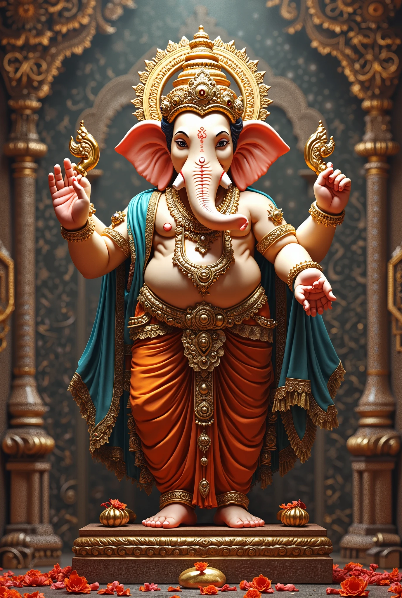 Ganesha (ganpati bappa - Hindu God) idol with Deep velvet Maroon colour Dhotar(bottom wear) with golden border, Golden Uparna (Top wear), Deep velvet Maroon Feta (Traditional King hat), Sitting on his throne (like lord vishnus signature pose - almost lying) with deep Velvet Voilet colour Load (circular cusion) under his right arm.