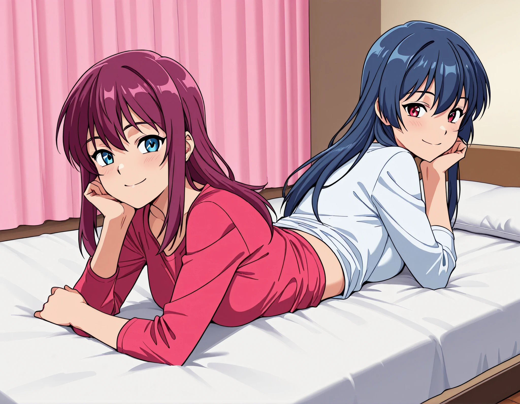 source_anime, score_9, score_8_up, score_7_up, queeconj, 2girls, on stomach, shirt, bedroom, smile
