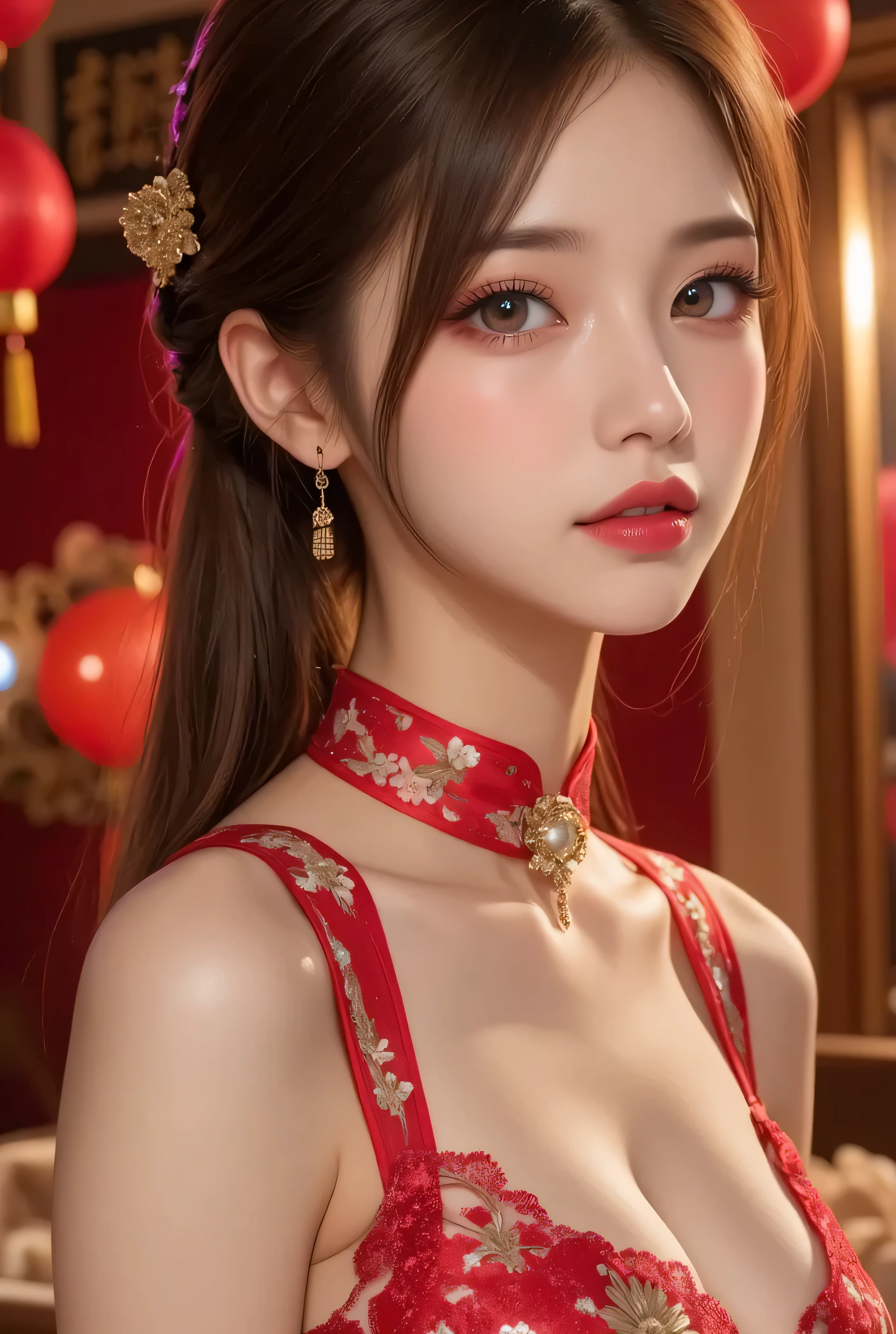 Cat ears、 face up、((( Lying in Bed))) attractive, pretty girl, ponytail、 (( fine facial features , eroticism)), dramatic lighting , realistic , 8k, Dramatic Shadows , intricate and elaborate patterns , super detailed photo , chiaroscuro lighting , Pleasant colors , deep contrast , super real 、 pink lipstick、luxury earrings, luxury necklace, luxury hairpin, warm room、Vintage Fireplace 、 cinematic composition、Close-up of face, A beautiful Korean idol wearing a short random colour cheongsam with golden or silver intricate floral embroidery, standing gracefully in a room filled with traditional Chinese New Year decorations. The room features vibrant red lanterns, decorative calligraphy scrolls, a small Chinese orange tree with golden ornaments, and several red envelopes scattered across the floor and hanging from the tree. Adorable, playful cats are part of the scene—some sitting near the tree, others curiously pawing at the red envelopes or lounging around. Through a window or an open door in the background, vibrant Chinese fireworks light up the night sky in an array of reds, golds, and blues, casting a magical glow into the room. The idol’s outfit is paired with subtle accessories like red hairpins or earrings, complementing the festive look. The atmosphere is warm and lively, filled with the joyful essence of the celebration, enhanced by the shimmering lights of the fireworks and the lively decor.