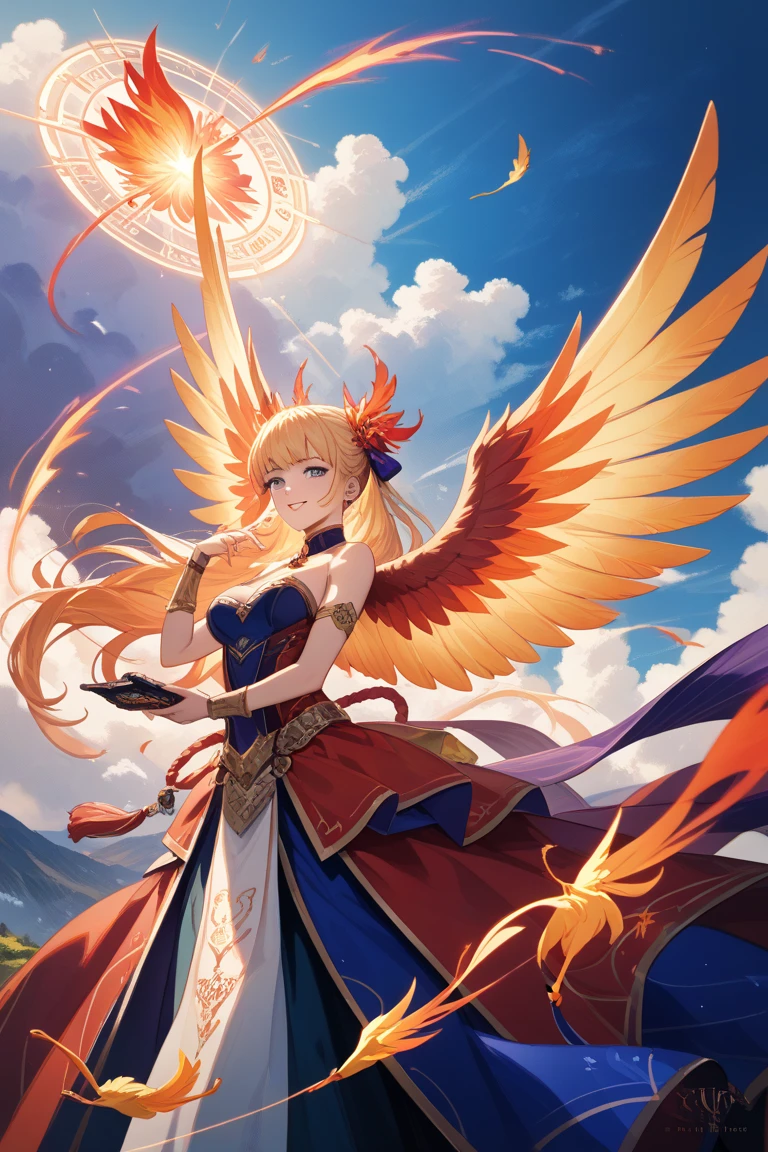 Masterpiece, beautiful details, perfect focus, uniform 8K wallpaper, high resolution, RAW photo, (depth of field, aperture F1.4:1.5)
One girl, light brown hair, clear deep eyes, smile, happy, open mouth,
Aether Sky Harpy Ensemble,
A cloak with feathers reminiscent of the wings of a majestic harpy.
A flowing gown with a sky blue gradation,
High-low hem that reproduces the movement of feathers,
Strap sandals decorated with delicate feathers,
The ankle or leg cuffs are decorated with false nails.
Delicate rainbow-colored makeup creates a mysterious atmosphere,
A crown made of golden feathers, a royal ornament;
Jewelry such as ear cuffs and bracelets,
Hairstyles include soft and graceful curls and braids.