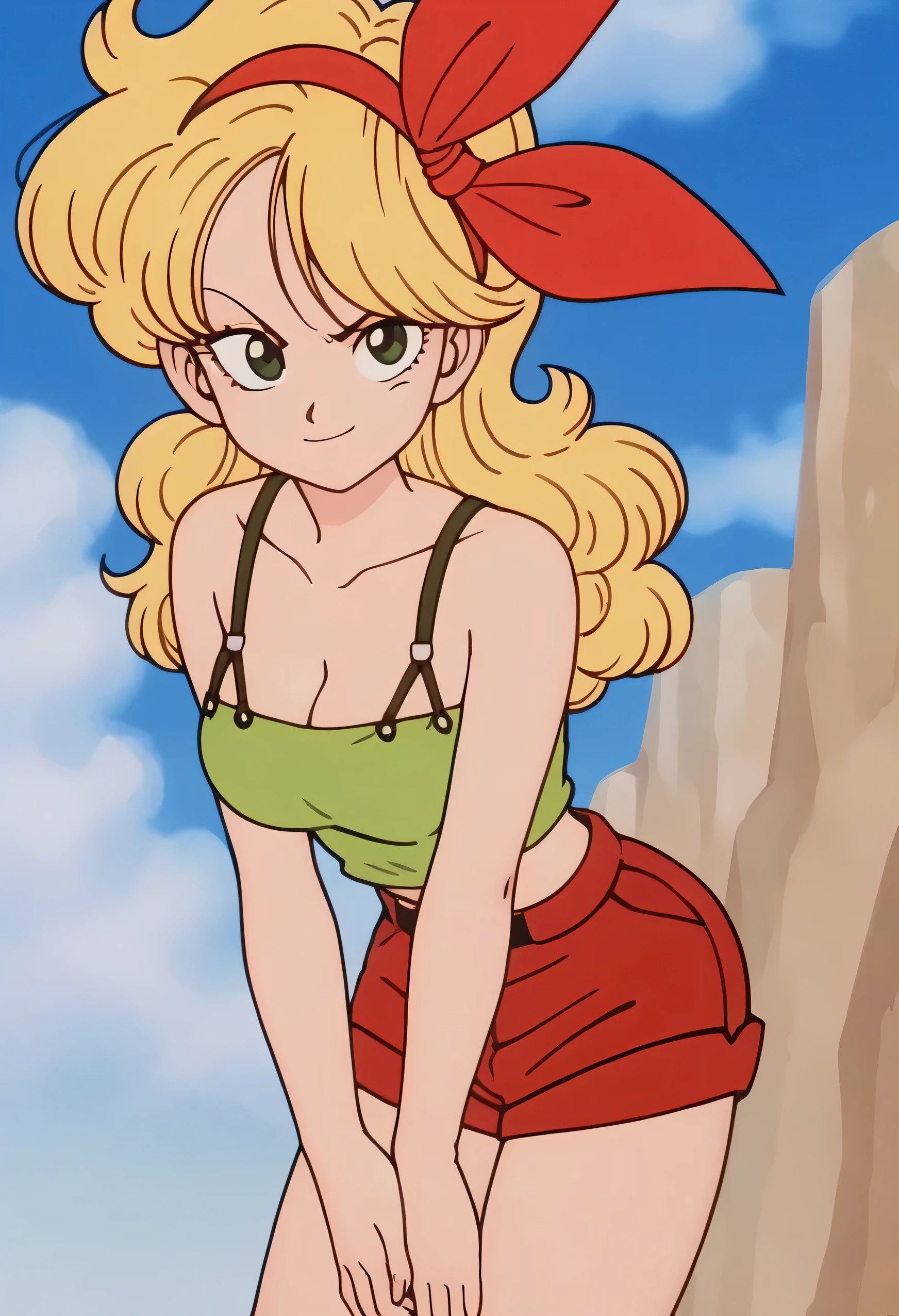 source_anime, score_9, score_8_up, score_7_up, anime screencap, high quality, launch bad, 1girl, solo, blonde hair, breasts, shorts, standing up straight, hands behind back, looking at viewer, looking up, smile, green eyes, cleavage, green crop top, long hair, sky, cloud, curly hair, blue sky, day, big breasts, outdoors, bare hands, ribbon, red hairband, bare shoulders, collarbone, a little red dress, sleeveless red dress, eyelashes, seaside