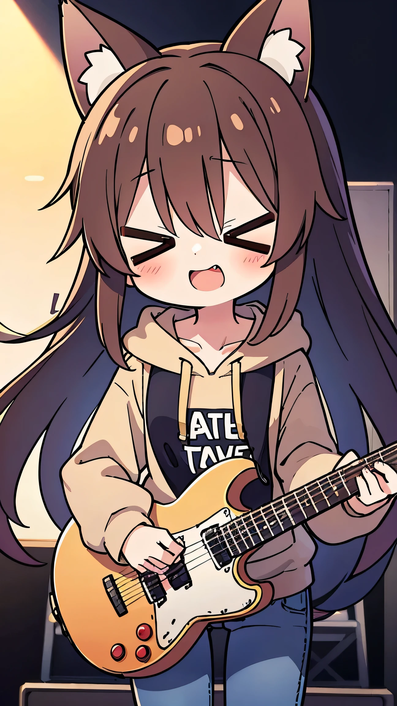 anime style、 girls on the left、Fox Ears、brown hair、I'm closing my eyes、 long hair、 beige hoodie 、jeans、 double teeth、You're playing the guitar violently、 above the stage、It's playing briskly、 intense
