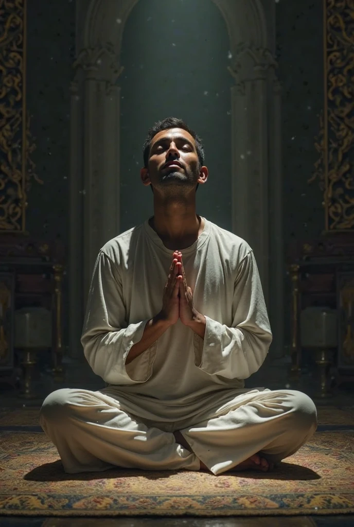Young man praying in white underwear and Islamic cap on his head, kneeling on a rug.