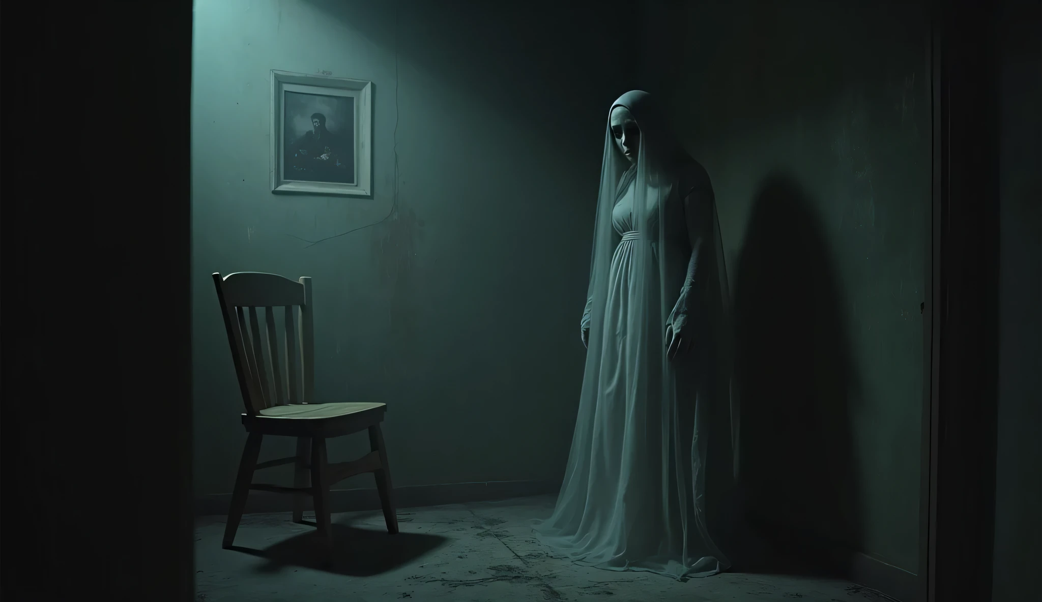Rendering of the scene of Maria (a scary female ghost) appearing in front of Doni (23 year old Indonesian man Doni) in a dimly lit room. Maria faces Doni, with her back to the camera, partially blocking his view. The room should have an eerie atmosphere with minimal lighting, creating eerie shadows. The figure of Maria is a woman with a scary face and a transparent body