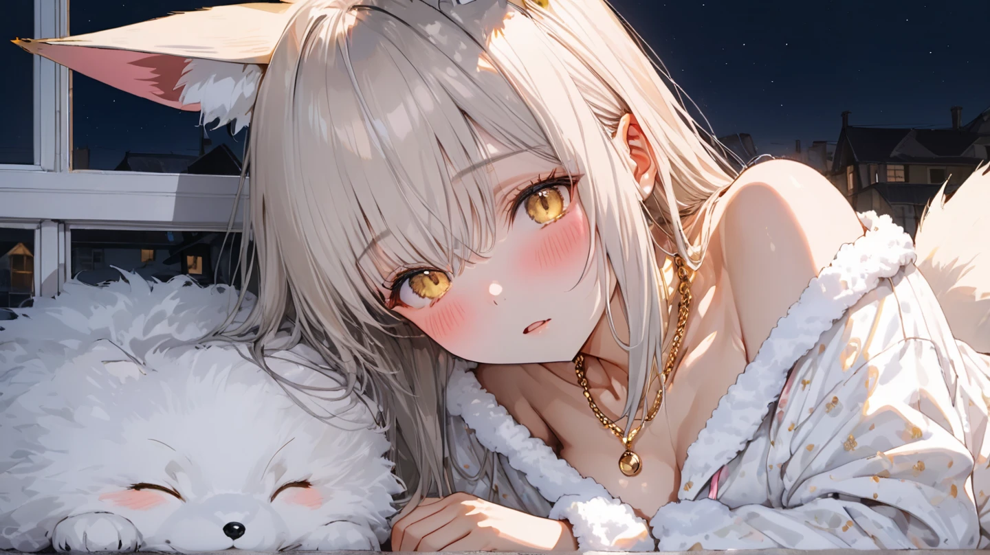 Silk white camisole bra, flowing hair, warm smile, yellow eyes, black diamond-shaped horn-like hairpin, head buried in oversized golden silk soft cushion,
