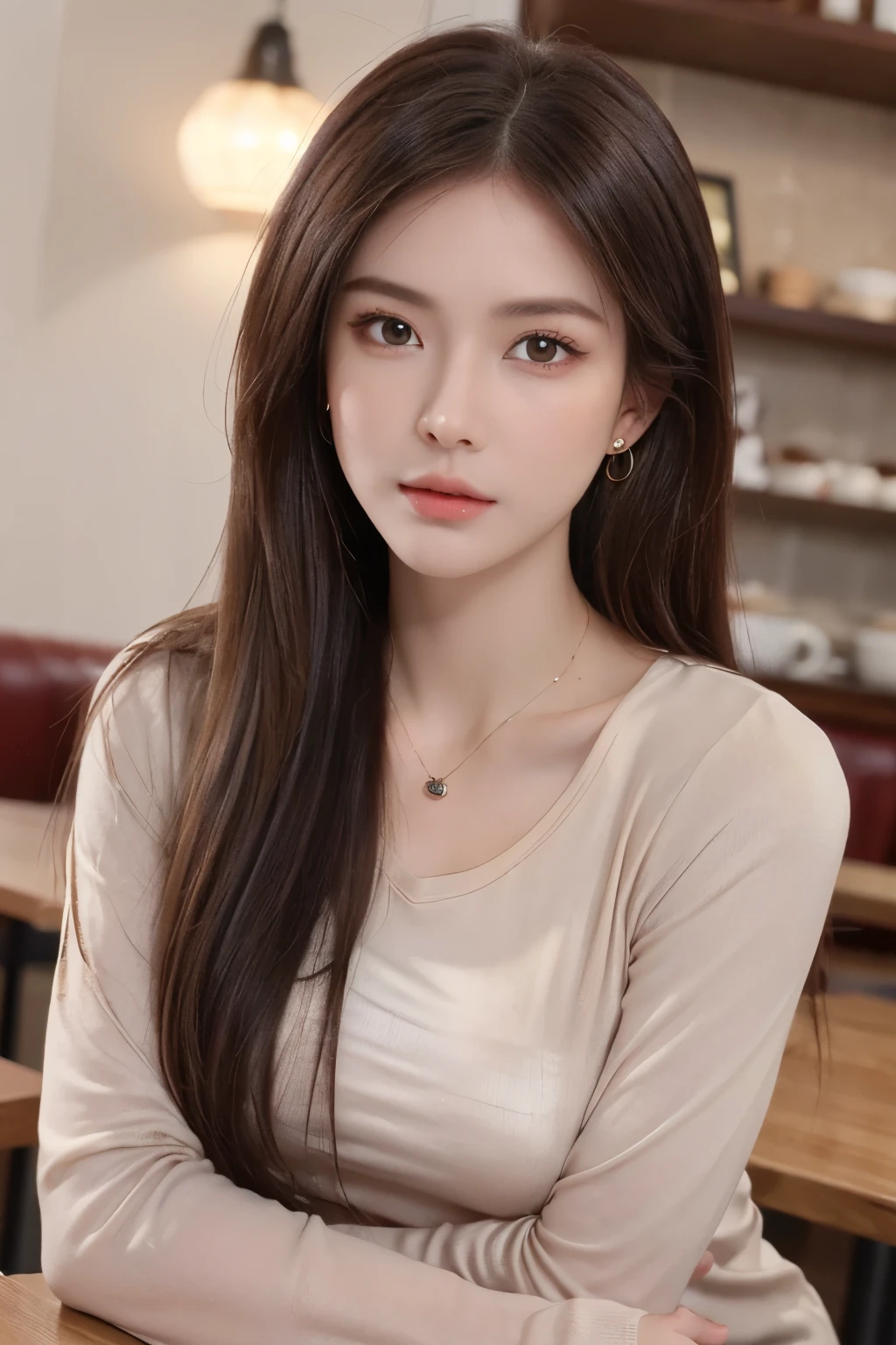 ((Masterpiece, high quality, super detailed, 4k, RAW Photo)), 1 girl, long hair, ((brown ombre hair)), Perfect face, thin face, ((lying silkworm eyes)), shinny skin, long sleeve t-shirt, in modern cafe, look at the camera, slim body, perfect eyes, big nose, wearing necklace with pendant, earings