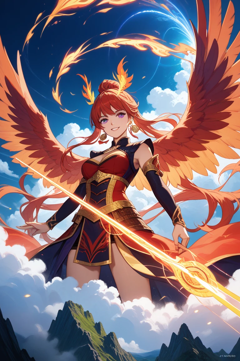 Red-haired girl. Wings from the chest. Golden feathers. green eyes
