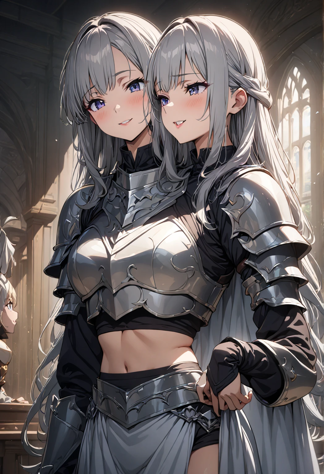 4K,High resolution,One Woman, anime, (masterpiece, best quality), best resolution, 2  heads, woman with two heads, sliver hair curtain bangs with doulder length hair, mm, flirty expression, wearing a knight costume, heavy armor, wearing makeup, long sleeves, midriff, crop top, midriff, indoors,