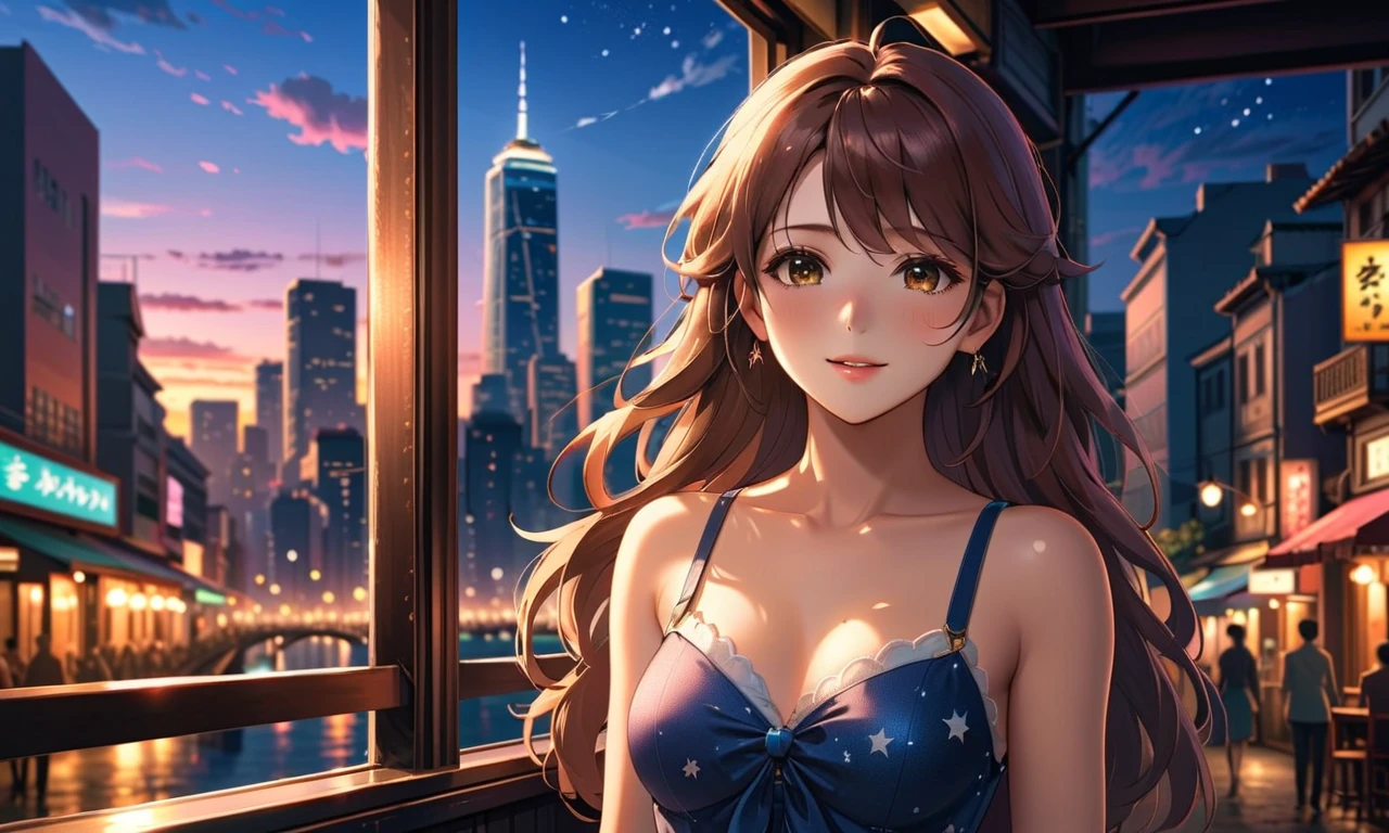 Uses Makoto Shinkai's perfectly rendered portrait of miss world champion 2023, 8k 4k masterpiece photo ,Tokyo, pub on top floor of high-rise building, twinkling stars through glass window. It's a dark night outside, jazz music is playing, profile, beautiful profile, calm expression, long brown hair, not looking at me, looking the other way, standing alone without leaning on the counter, wearing a white tube top onepiece, large bust, 5 fingers, fingers carefully placed. 5 fingers, fingers carefully