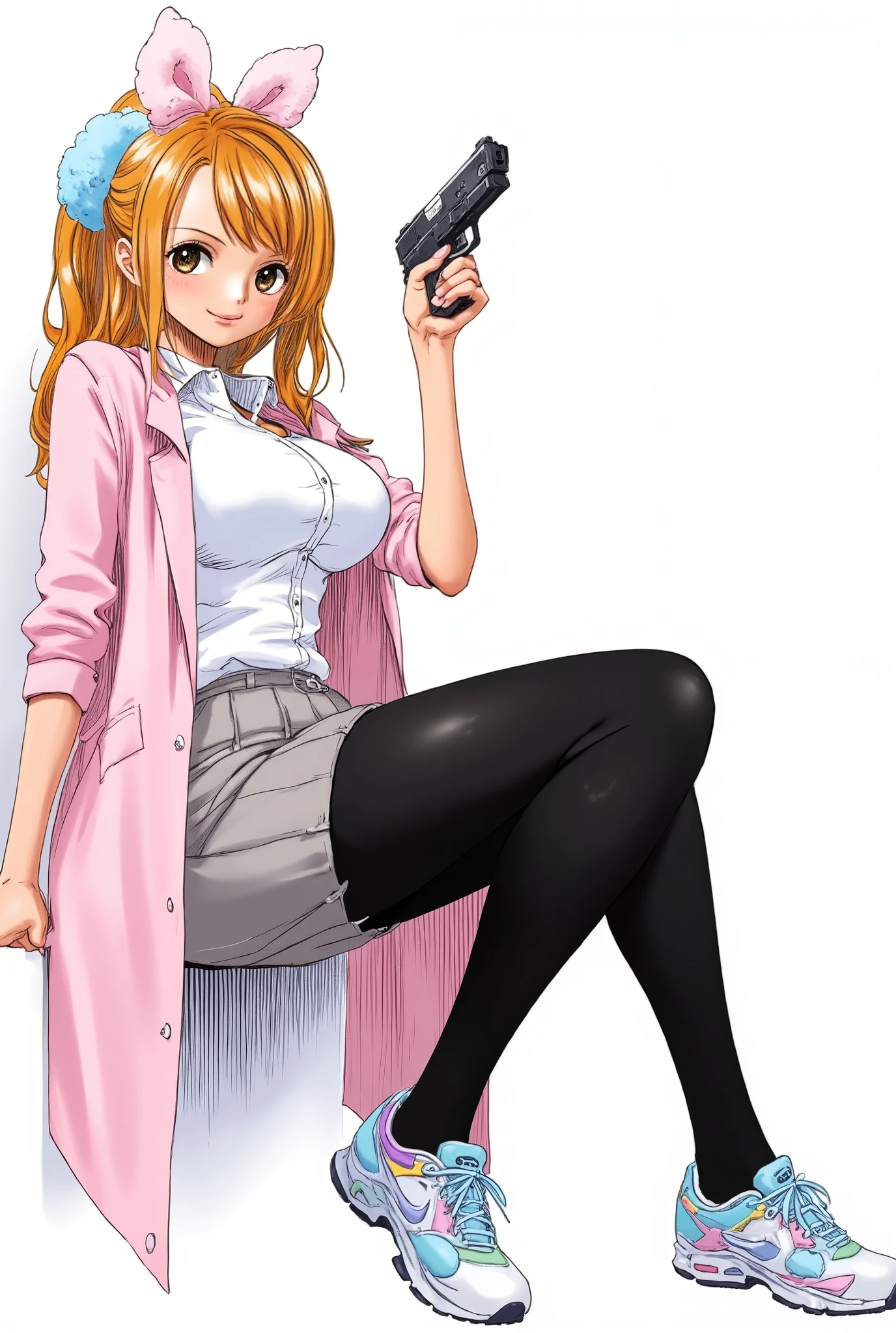 Anime style、girl、Mech01、ArsMJStyle, Oil Pastels、background is stark white、on3pi3c3styl3、ground、pastel collar、Akira Toriyama Style、Two legs、Two arms、Five fingers、Perfect piece、high quality、32K、Alone、 alone、Semi-realistic、detailed eyes、detailed faces、(full body:1.6)、Big Breasts、glamour、 sexy、ONE PIECE Character Design、perfect face、Beauty、 detailed illustrations 、Fine Lines、little background on the battle、Expressive、shame、Occupation is high school student、(pink) jacket、(white)blouse、(gray) skirt、(black)pleated tights、NIKE sneakers、Possess a pistol