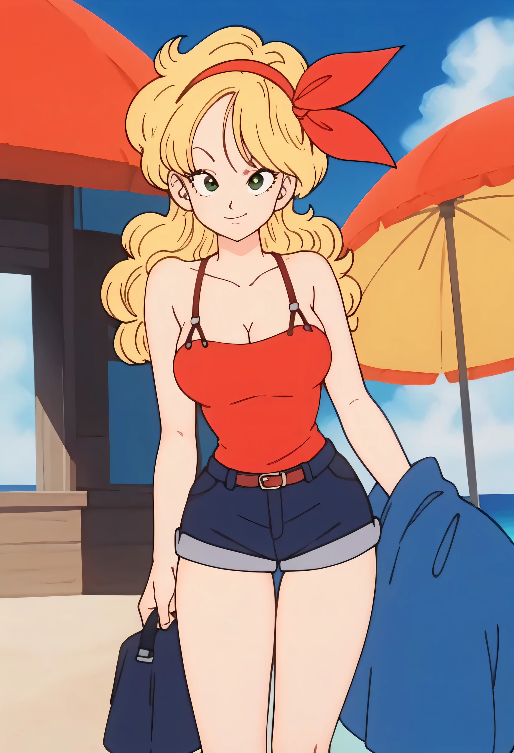 source_anime, score_9, score_8_up, score_7_up, anime screencap, high quality, launch bad, 1girl, solo, blonde hair, breasts, shorts, standing up straight, arms at side, looking at viewer, looking up, smile, green eyes, cleavage, long hair, sky, cloud, curly hair, blue sky, day, big breasts, outdoors, bare hands, ribbon, red hairband, bare shoulders, collarbone, a little red dress, sleeveless red dress, eyelashes, seaside