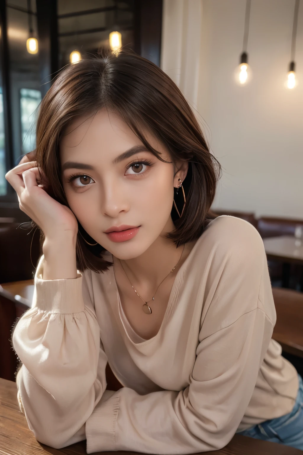 ((Masterpiece, high quality, super detailed, 4k, RAW Photo)), 1 girl, blunt bob hair, ((brown ombre hair)), Perfect face, thin face, ((lying silkworm eyes)), shinny skin, long sleeve t-shirt, in modern cafe, look at the camera, slim body, perfect eyes, big nose, wearing necklace with pendant, earings
