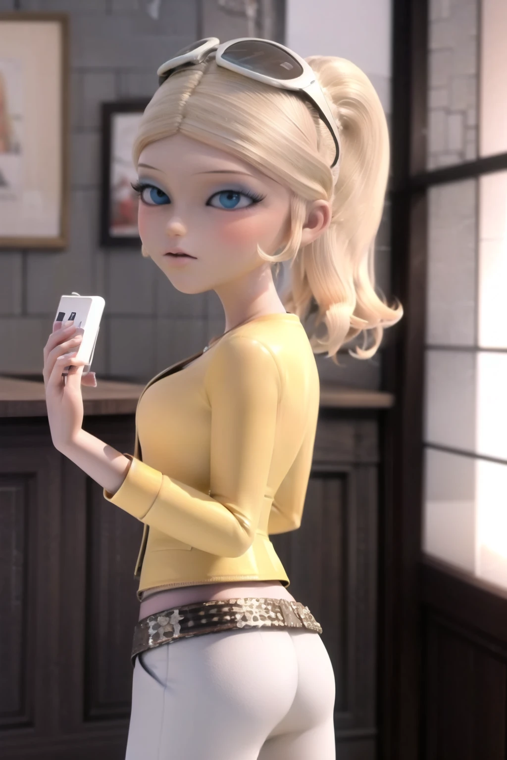 (8k, RAW photo, best quality, masterpiece:1.2), (intricate details), highres, perfect eyes, perfect face, perfect lighting, beautiful, (masterpiece:1.2), (best quality:1.2), 1girl, solo, chloe, blue eyes, blonde,  ass, back view 