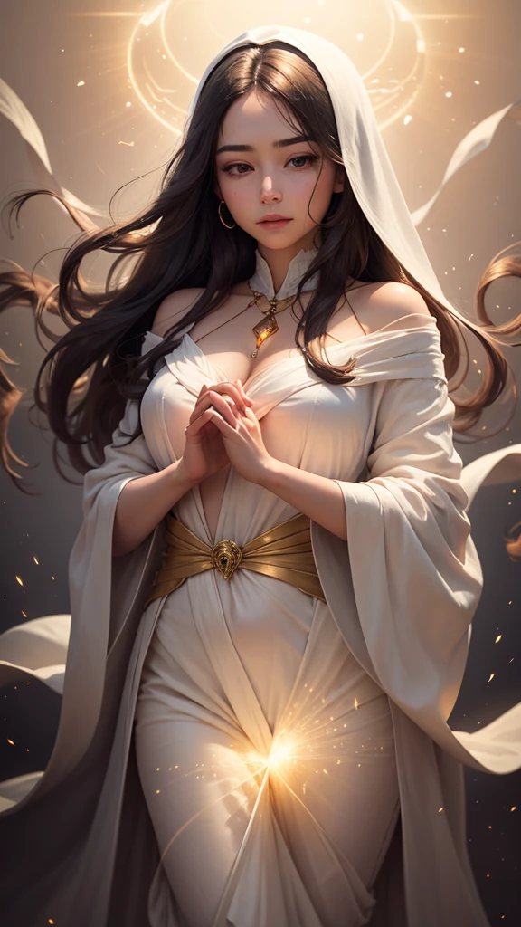(masterpiece, top quality, best quality, official art, beautiful and aesthetic:1.2), (1girl), extreme detailed, (fractal art:1.3), colorful, highest detailed, perfect face, gigantic breasts, upper body, HDR, (praying:1.3), (white cloak golden lines:1.2), galaxy, (light streaks), striking visuals, (dynamic streaks, luminous trails:1.2), vibrant colors,