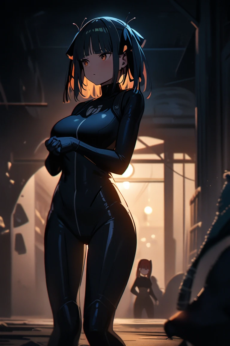 1girl, black leotard, bare legs, low ponytail, latex, large breasts, solo, detailed face, looking at viewer, cowboy shot, upper body, city, cyberpunk, mechanical, night, dark, light rays, (masterpiece:1.2, best quality)
