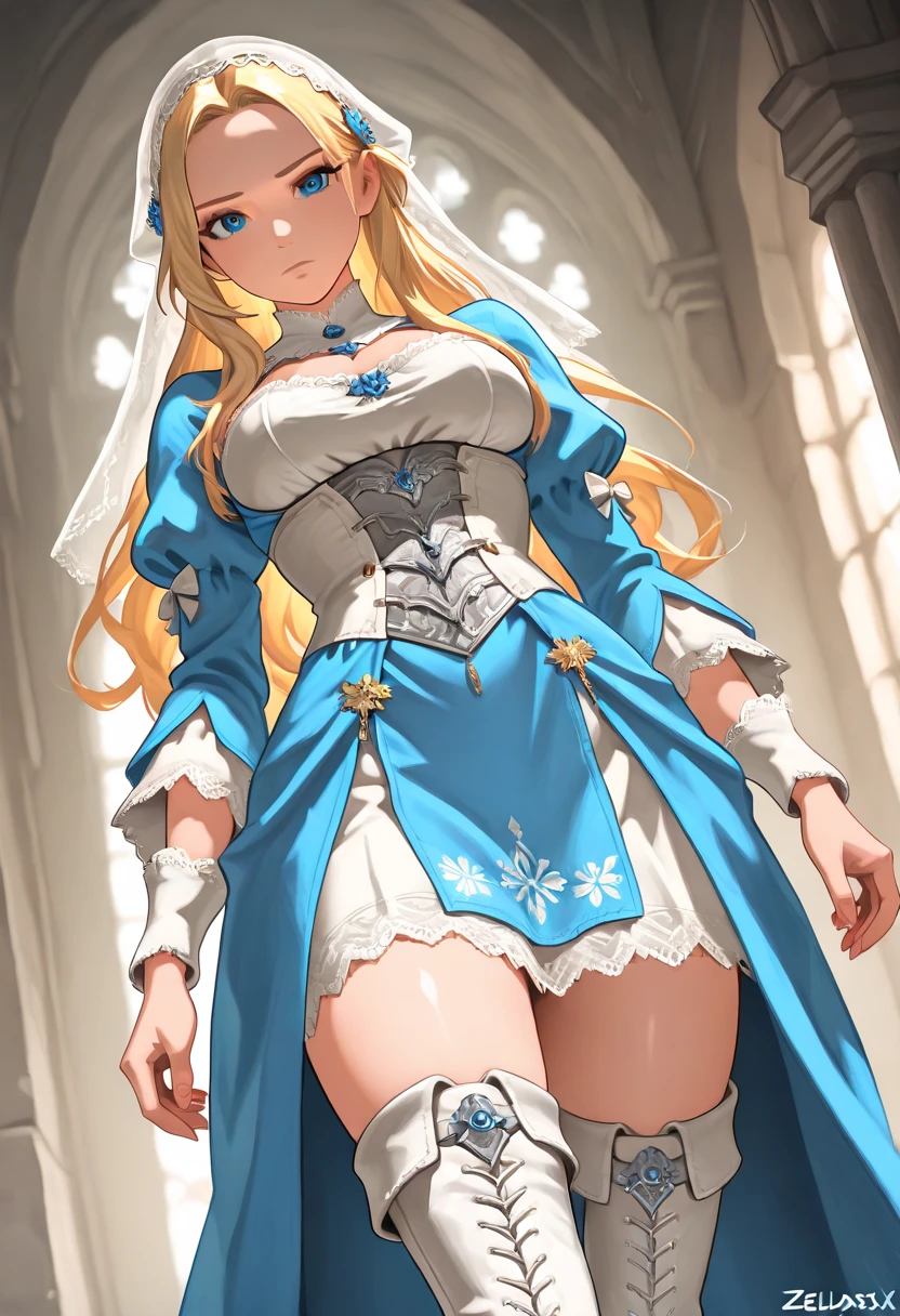 girl with bow on her head,Long blonde hair,blue color eyes,White lace underwear,lewd nun,Holy,Best quality at best,exposing her big breasts,mini-skirts,Gorgeous church background,Extremely detailed,Lift up the white pliers