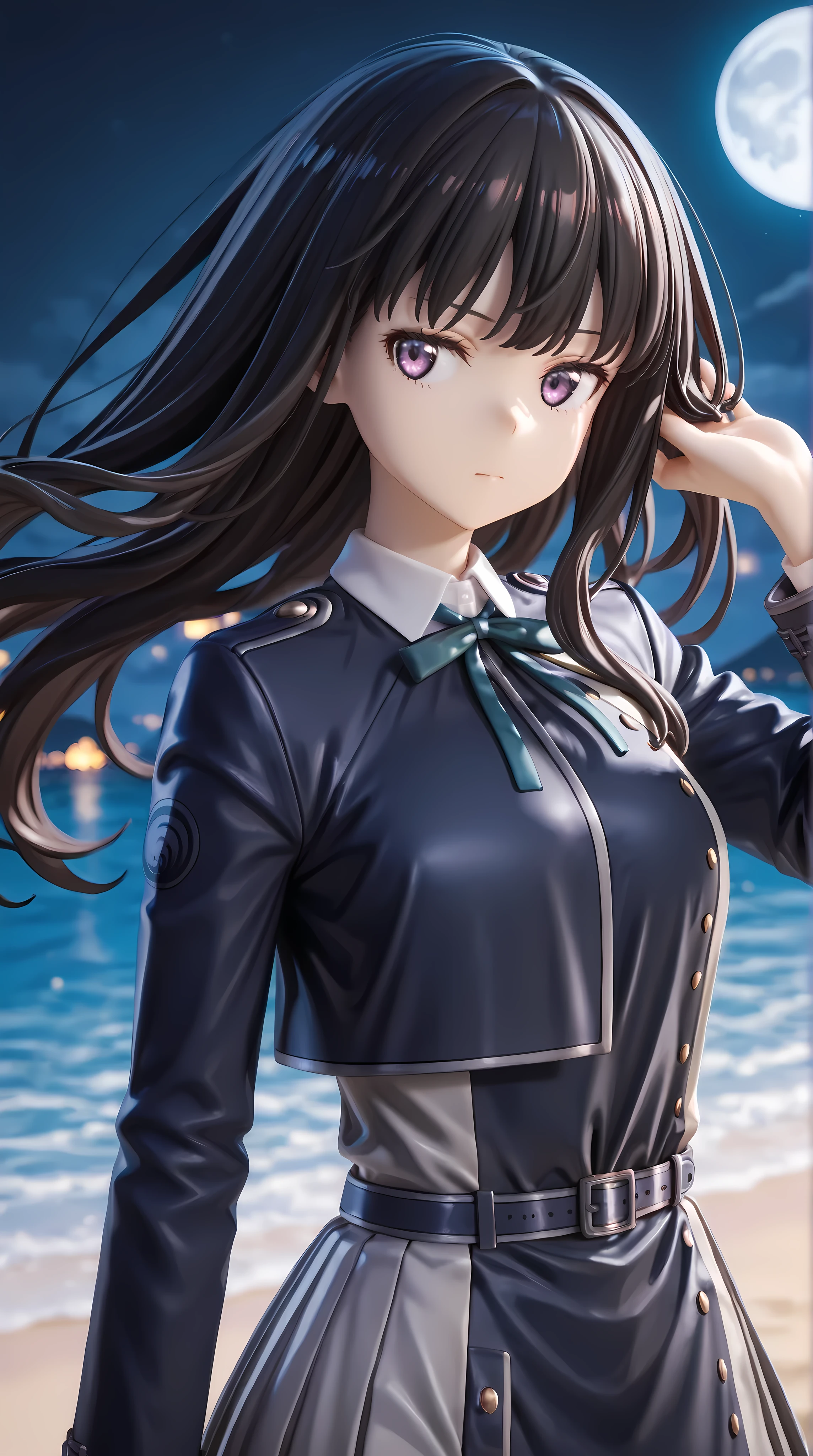 solo, 1girl, (hair flip, floating hair:1.2)
BREAK 1girl, inoue takina, long hair, bangs, black hair, purple eyes, shirt, long sleeves, dress, ribbon, school uniform, white shirt, collared shirt, belt, neck ribbon, blue dress, green ribbon, pleated dress, grey dress, two-tone dress, blue belt, lycoris uniform, small breasts,
BREAK sideways glance, jitome, looking away
BREAK outdoor, beach, night, moon
BREAK from above, close-up, perspective, upper body, depth of field, dynamic angle, cinematic shadow
BREAK 3D, (masterpiece, super fine illustration, highly detailed), best quality, expressive eyes, perfect face