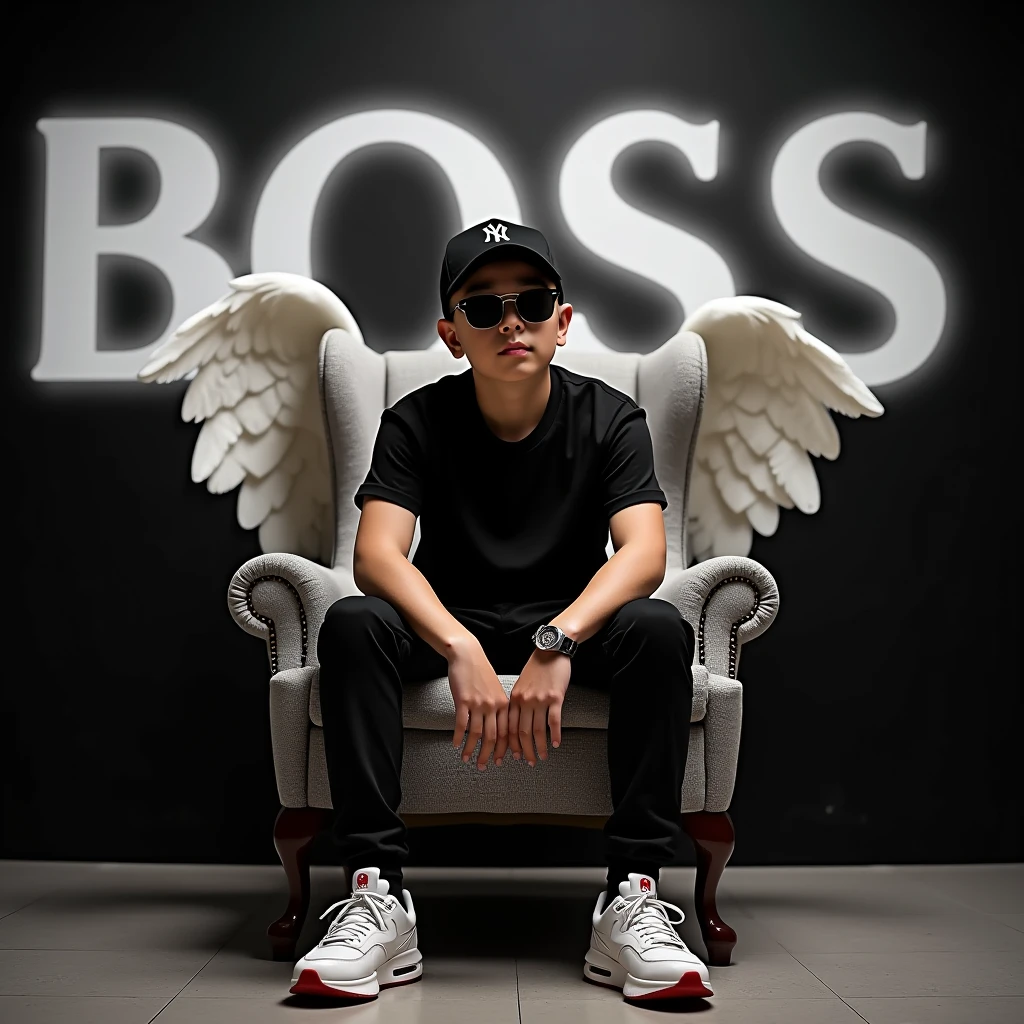  Create a 3D illusion for a profile picture where a 14 Year old attitude boy in a sunglasses and gold and black lightning dress Sitting casually on a helicopter fantasy . With a gold neon light HandPanch hand. And a ferocious peregrine White Cheetah by my side. Wearing sneakers, he looks ahead. The background features big ‘DIBYA” in big Light gaming Room and capital gold neon light fonts on the black big wall. There should not be his shadow, and there are wings to make