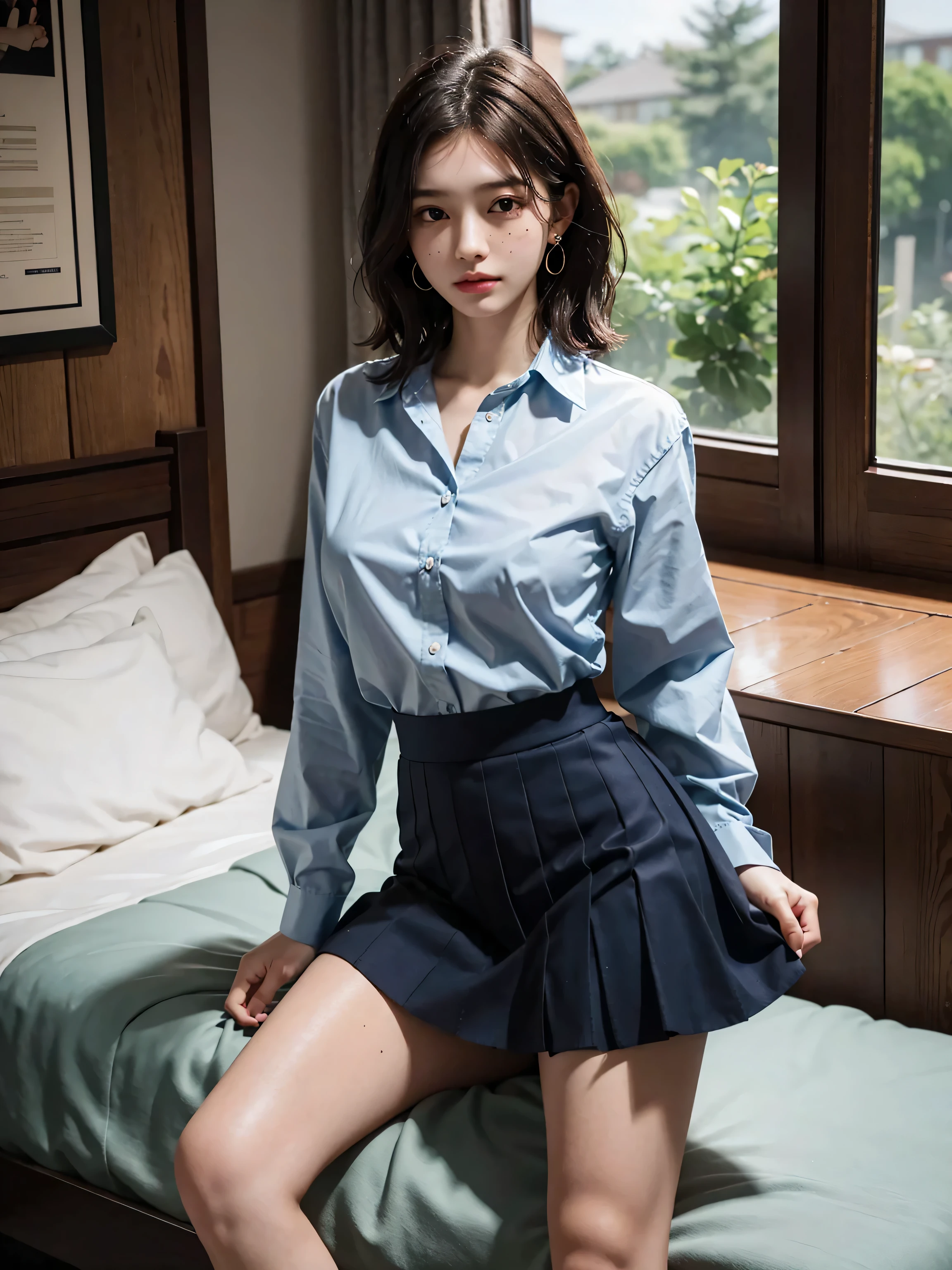 disorganized, RAW photo, very delicate and beautiful, masterpiece, highest quality, ultra high resolution, 16k, surreal, super detailed, perfect anatomy, super dense skin, perfect figure, Highly detailed CG 8k wallpaper, 20's, very slim body, tight waist, very small head, very small face, delicate facial features, tearful mole, earrings, thin legs, (very huge round breasts:1.2), (full body shot:1.1), (1 girl:1), short hair, (wavy hair:1.1), (school uniform:1.2), No sleeve,