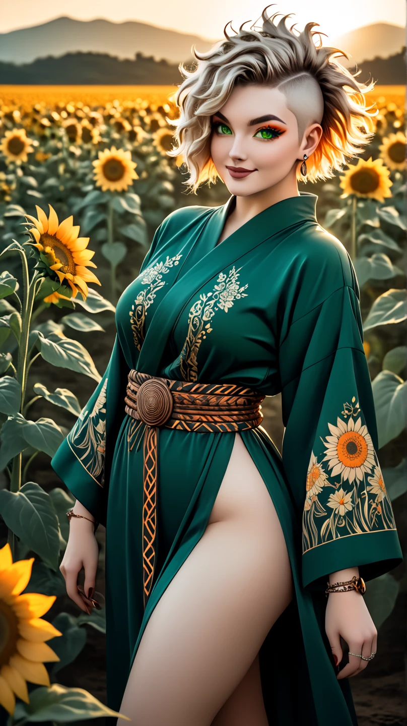 superflat, flat colors, 1girl, 19yo, slim, (medium breast), short bob dark hair, (ornate green leaves kimono), topless, nipple, standing, shy, autumn leaves, yellow, golden, autumn forest, vibrant colors, psychedelic, vibrant, bright, watercolor