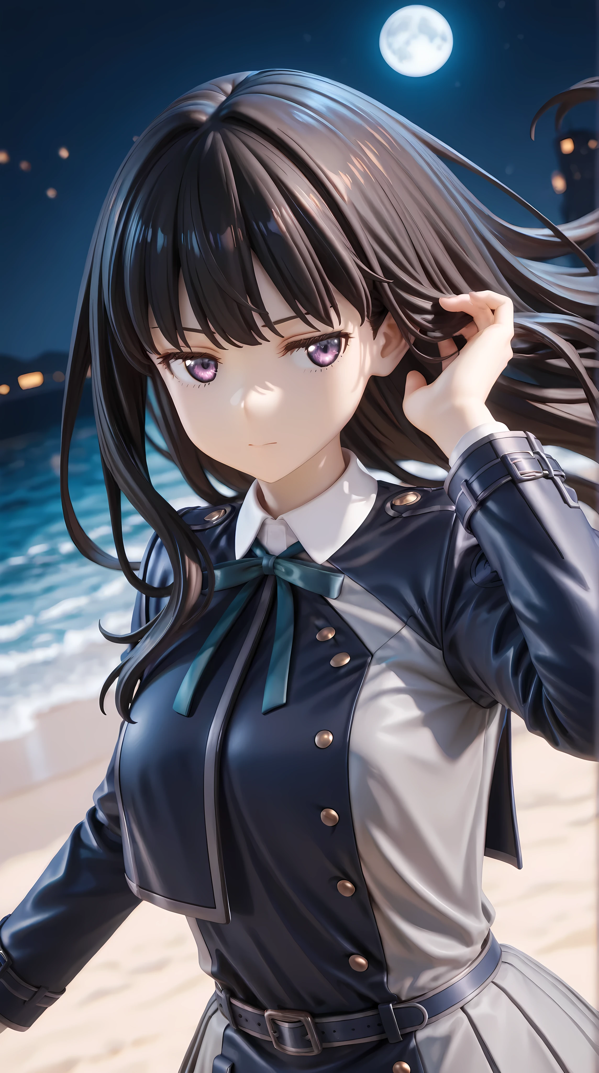 solo, 1girl, (hair flip, floating hair:1.2)
BREAK 1girl, inoue takina, long hair, bangs, black hair, purple eyes, shirt, long sleeves, dress, ribbon, school uniform, white shirt, collared shirt, belt, neck ribbon, blue dress, green ribbon, pleated dress, grey dress, two-tone dress, blue belt, lycoris uniform, small breasts,
BREAK sideways glance, jitome, looking away
BREAK outdoor, beach, night, moon
BREAK from above, close-up, perspective, upper body, depth of field, dynamic angle, cinematic shadow
BREAK 3D, (masterpiece, super fine illustration, highly detailed), best quality, expressive eyes, perfect face