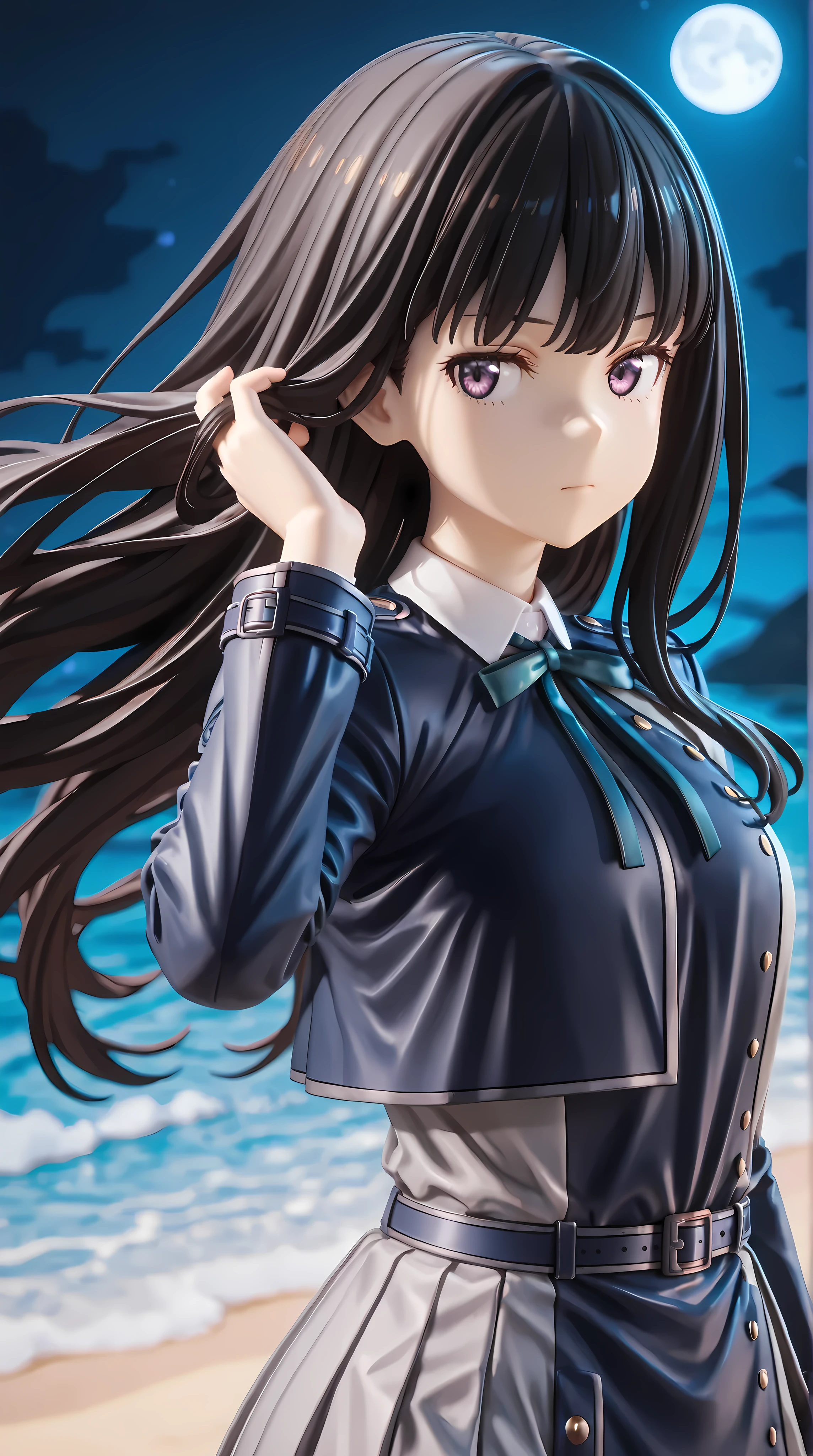 solo, 1girl, (hair flip, floating hair:1.2)
BREAK 1girl, inoue takina, long hair, bangs, black hair, purple eyes, shirt, long sleeves, dress, ribbon, school uniform, white shirt, collared shirt, belt, neck ribbon, blue dress, green ribbon, pleated dress, grey dress, two-tone dress, blue belt, lycoris uniform, small breasts,
BREAK sideways glance, jitome, looking away
BREAK outdoor, beach, night, moon
BREAK from above, close-up, perspective, upper body, depth of field, dynamic angle, cinematic shadow
BREAK 3D, (masterpiece, super fine illustration, highly detailed), best quality, expressive eyes, perfect face