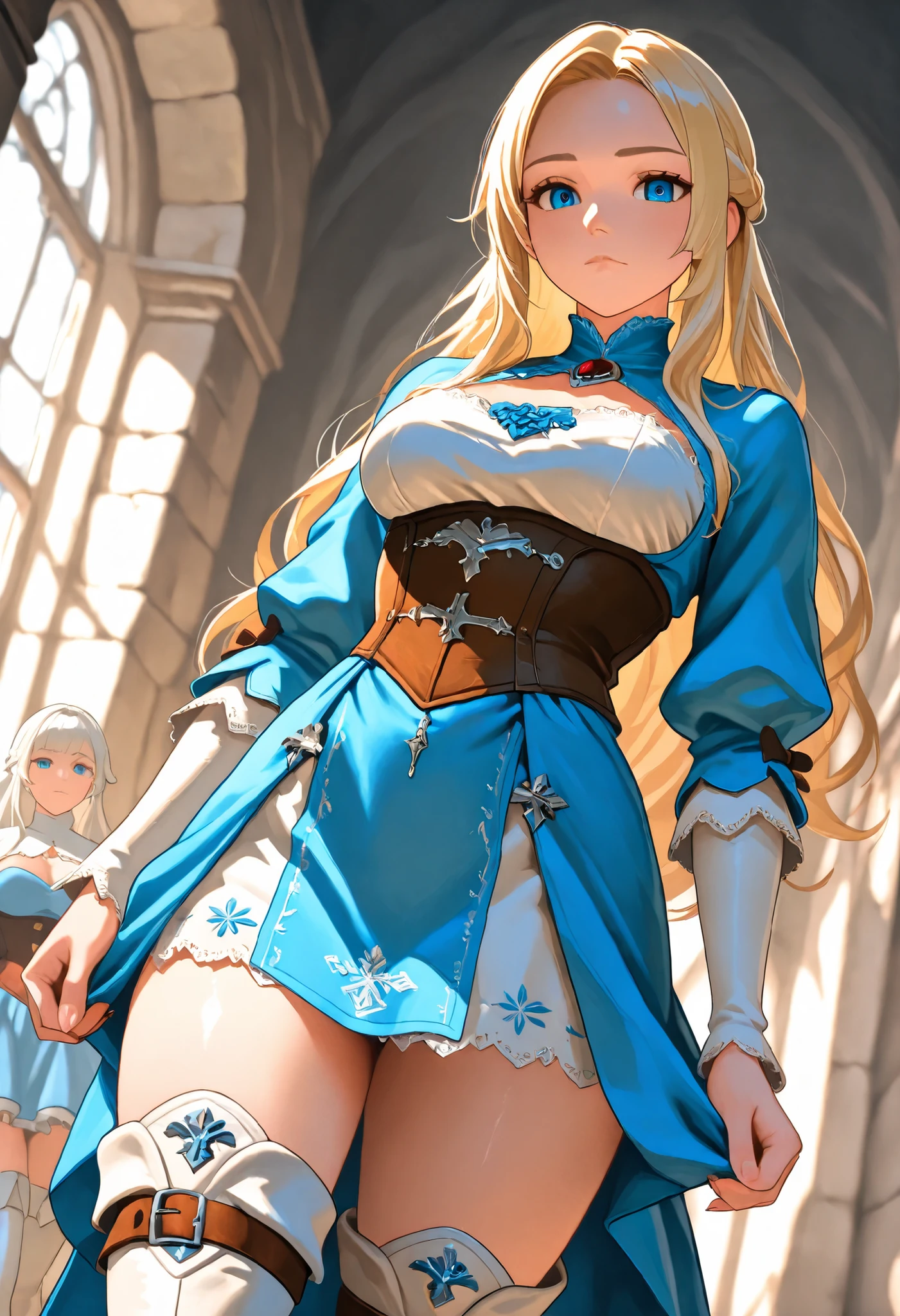 ZeldaSDXL, looking at viewer, medium breasts,, in a castle, medieval princess, white and blue dress, white boots, whte thigh boots, fantasy outtfit, elegant, dominant, confident, underbust with a humiliating face,, expressionless, dutch angle, cowboy shot, perfect eyes, perfect body