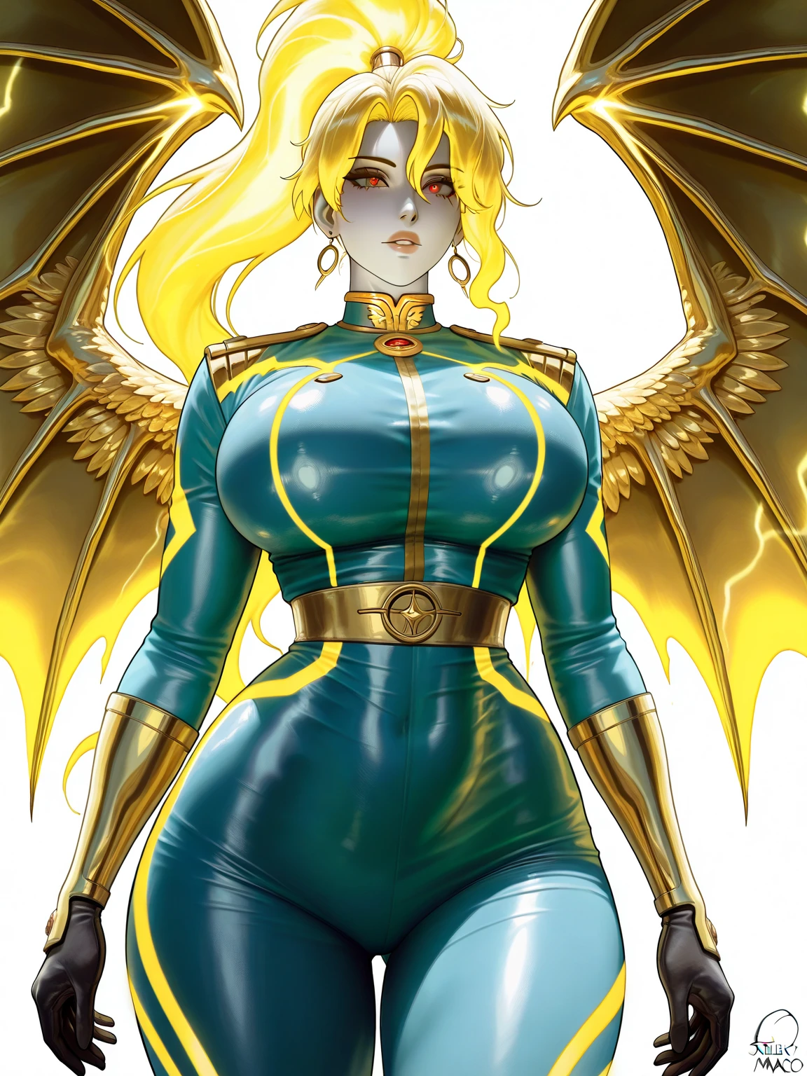 ((Full body photo, feet on the ground, straight body)), ((Laura/woman, big breasts, extremely beautiful)), ((Super Saiyan Higher Instinct)) {transformed into Super Saiyan wearing Goku child's costume/extremely tight on body, emanating golden magic aura circling furiously around the body. Background, completely destroyed city at night raining hard. She has {silver eyes, white Super Saiyan hair} her hair, face and her outfit are soaked in water, She is staring at the viewer, smiling, fists clenched, concentrating magical aura, in a forward attack pose. ((Anime Dragon Ball)), high detail, anime, 16k, UHD, retina, retina, ccurate, anatomically correct, textured skin, super detail, high quality, award winning