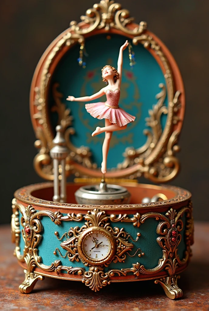 photograph timeart, a toy ballerina dancing over a rail, automates, ballet outfit, clock mechanism, intrinsic details, rich of details <lora:timeart:1>
<lora:add-detail-xl:2>, 50mm . cinematic 4k epic detailed 4k epic detailed photograph shot on kodak detailed cinematic hbo dark moody, 35mm photo, grainy, vignette, vintage, Kodachrome, Lomography, stained, highly detailed, found footage