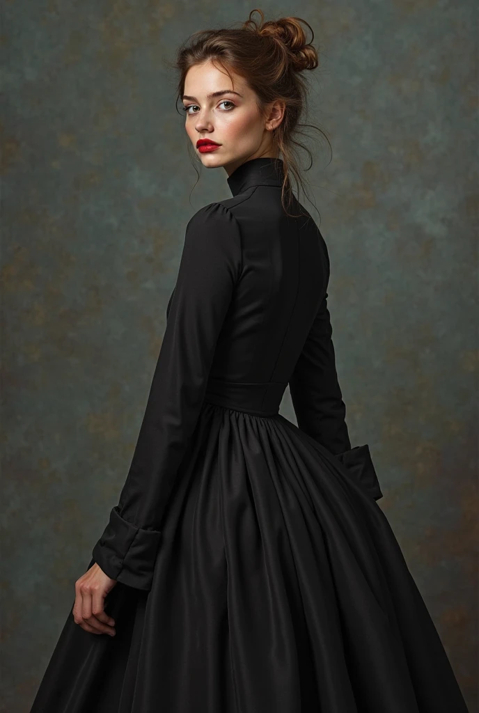 stunning photorealistic of 1girl, high neck gown, dark theme, dark scene, dark atmosphere, masterpiece, high detail, best quality, raw photo, (photorealistic:1.4), (hdr:1.4)