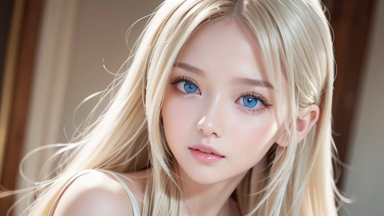 True Photo Quality、A beautiful girl、Extraordinary sexy beauty、Beautiful calm and bright expression、Sexy look、Perfect beautiful pretty face with bangs、Bangs between the eyes、Super long blonde straight silky hair、blonde on a beautiful face、Very cute beautiful sexy young little woman、Very perfect beautiful cute face、Beautiful, shining, very bright sky blue eyes、Very big eyes、Hair above the eyes、片Hair above the eyes、Hair between the eyes、Very bright and white skin、Cheek gloss、Small Face Beauty、round face、eyeliner
