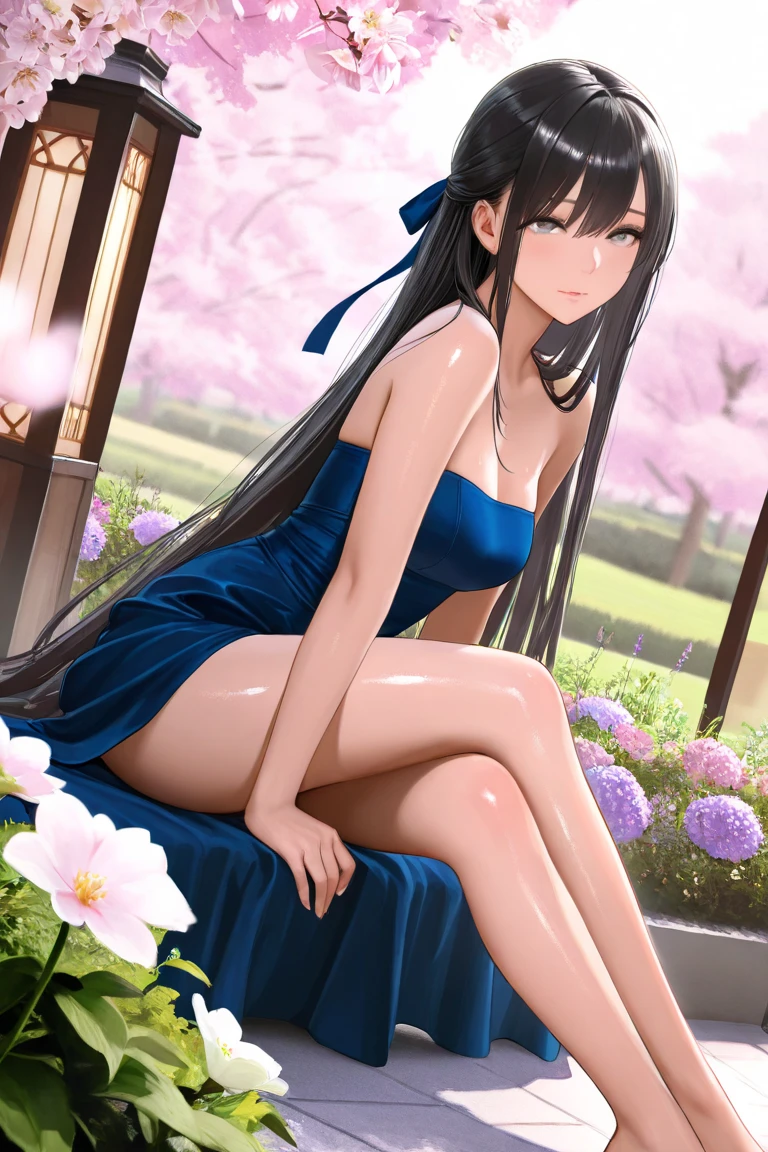 (Little Girl:1.5),Lace,Ribbon,(masterpiece, Side Light, 精致beautiful灰色眼睛: 1.2), Medium breasts, Practical, Glowing eyes,Shiny hair,Black Hair,long hair, Glowing skin, Solitary, Awkward,Strapless,Beautifully,beautiful,garden,Flowers,Flying petals, Bare Legs, Cherry blossoms, Movie Lighting, Film composition, Rich expression
