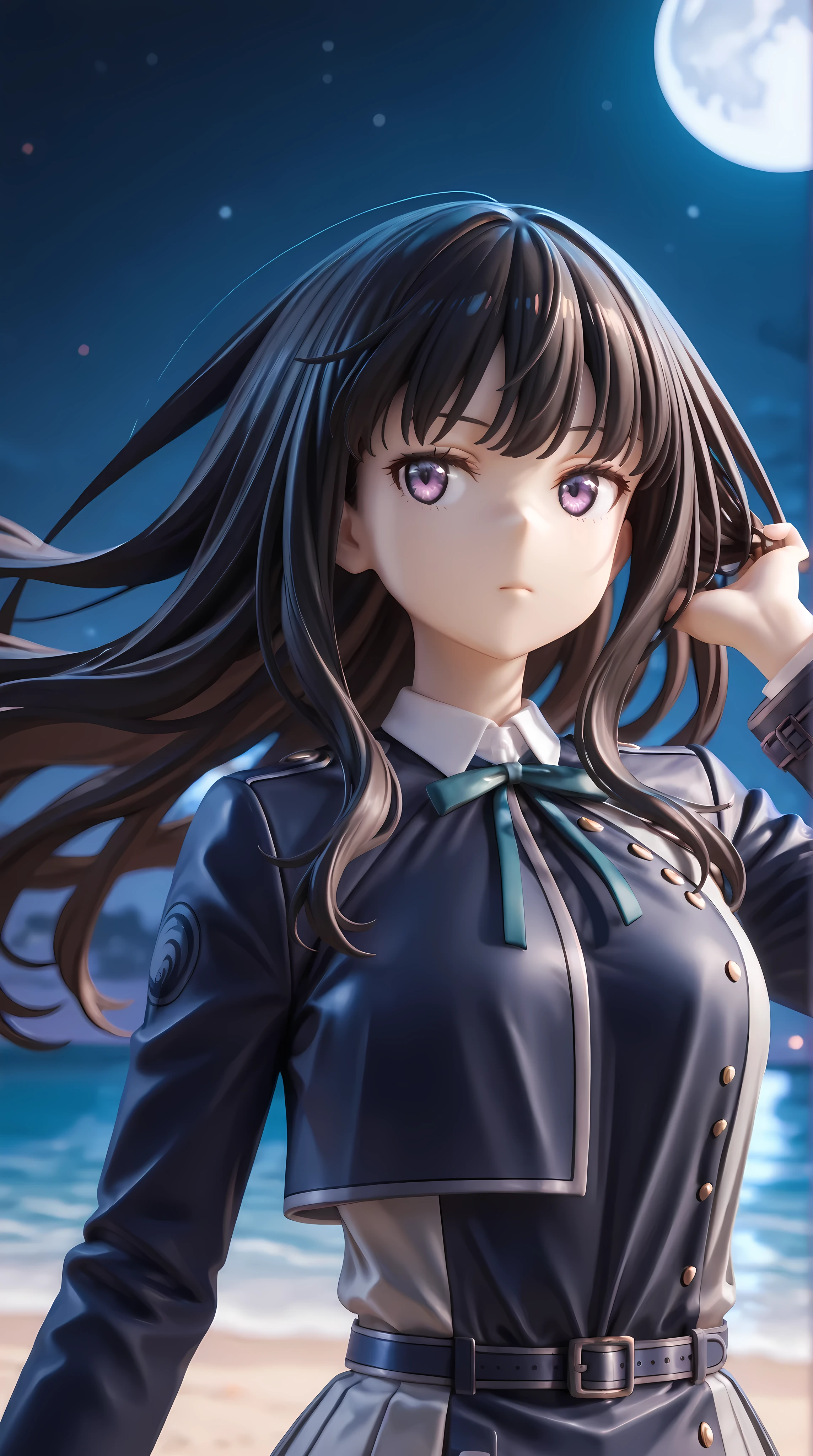 solo, 1girl, (hair flip, floating hair:1.2)
BREAK 1girl, inoue takina, long hair, bangs, black hair, purple eyes, shirt, long sleeves, dress, ribbon, school uniform, white shirt, collared shirt, belt, neck ribbon, blue dress, green ribbon, pleated dress, grey dress, two-tone dress, blue belt, lycoris uniform, small breasts,
BREAK sideways glance, jitome, looking away
BREAK outdoor, beach, night, moon
BREAK from above, close-up, perspective, upper body, depth of field, dynamic angle, cinematic shadow
BREAK 3D, (masterpiece, super fine illustration, highly detailed), best quality, expressive eyes, perfect face