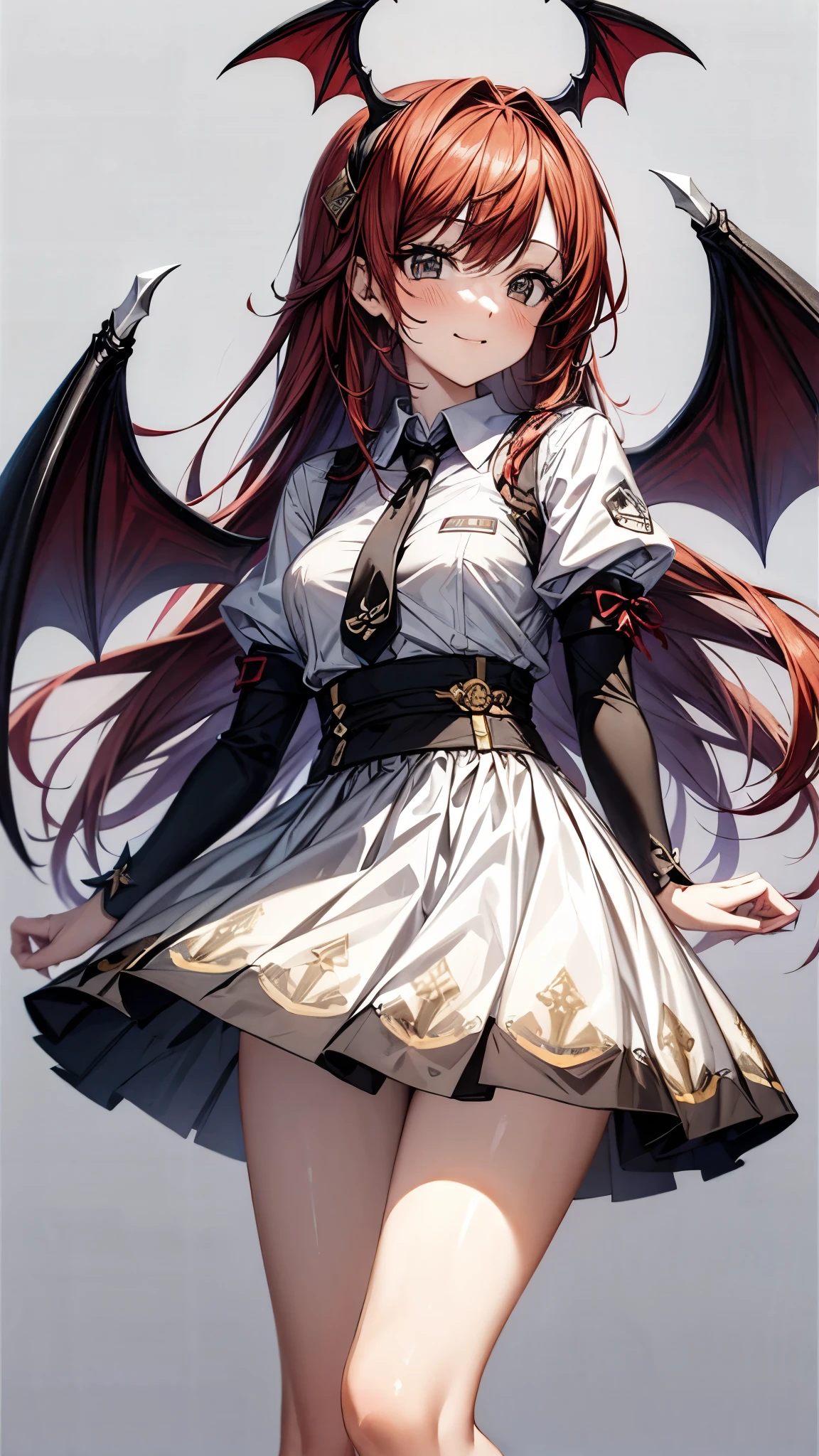 (super high quality,Ultra High Definition,16k,super masterpiece,Ultra HD , detailed shading and background,)one girl, long red hair with ocean print,bat feathers on the head,bat feathers on the back,smile,blush,The library where the sun shines,