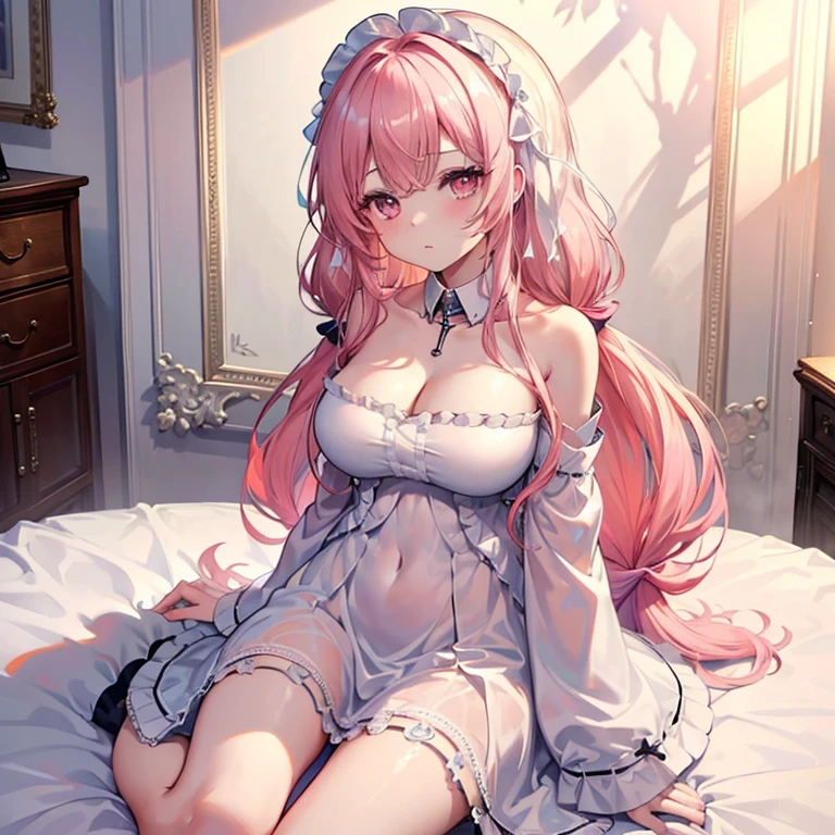 anime girl with long hair in a gradient color from light blue to light pink. and wearing a daisy crown. her face is very cute like a with pink eyes. she wears a white lingerie her shirt and she wears pink stockings. her face is so sexy, her skin is FFFCD which is buttermilk. Make her covered in cum cum cum cum cum cum cum cum cum