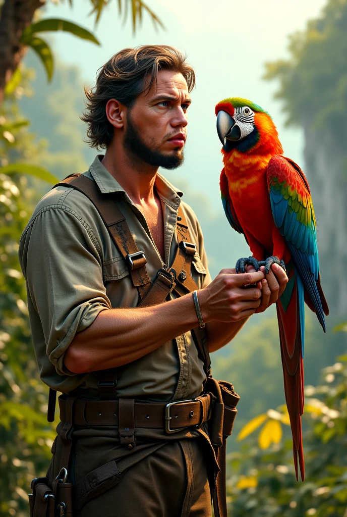 (best quality,4k,8k,highres,masterpiece:1.2),blue eyes,portrait,28-year-old man,climbing a cliff,jungle,forest,parrot