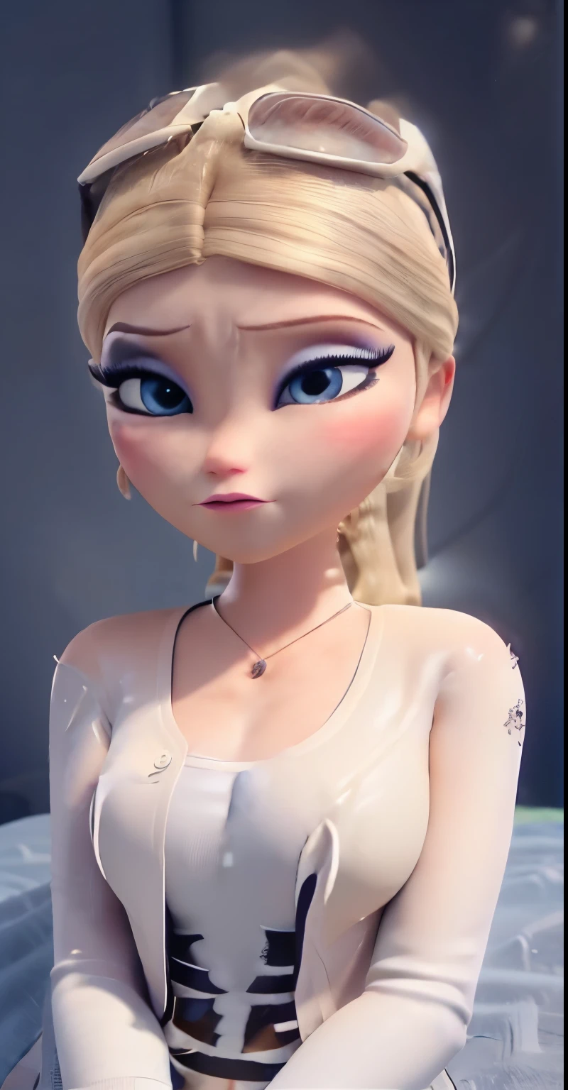 Elsa,chubby face,invent,face detail,blush,purple eye shadow, rose in hair,arise from,simple background, looking to the side,half shirt, White dress, No blouse, without bra, visible peak on chest, (big ) (big breasts) (Fully exposed chest) ( naked and visible nipple) (big ) (big breasts) (Fully exposed chest) ( naked and visible nipple) big ) (big breasts) (Fully exposed chest) ( naked and visible nipple