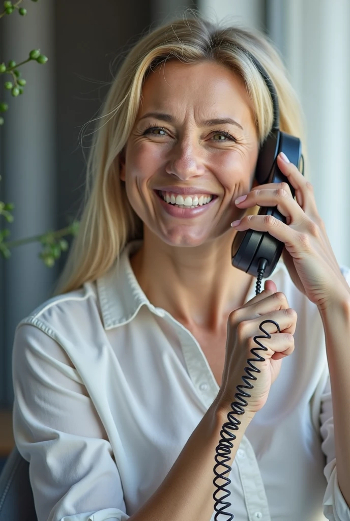 Blonde woman talking on cell phone in kitchen with lights on, portrait shot, vibrant and dynamic, bottom angle, girl making a phone call, closeup portrait shot, vibrant and vivid, sparkling, candid portrait photo, photo still, warm and cheerful atmosphere, very dynamic, vibrant atmosphere, having a good time, on a dark background, advanced technology, looking to the side with only one arm holding the phone