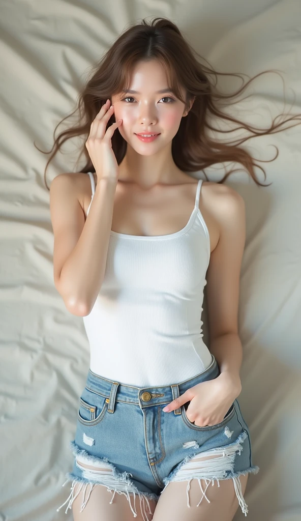 An innocent 18-year-old girl、((White tank top、Blonde、forehead、Dramatic Pose))、smile、Curly Hair、White background、RAW Photos、(8K、Highest quality、masterpiece:1.2)、(Exquisite detail:1.4)、(Realistic:1.4)、Octane Rendering、Complex 3D rendering with ultra-detail、Studio Soft Light、Rim Light、Sharp details、Very detailed、Realistic skin texture、detailed aspects、Beautiful details、Very detailed CG Unity 16k 壁紙、Compensate、(Detailed Background:1.2)、Shiny skin、((Sit with your legs apart、Top-down angle))