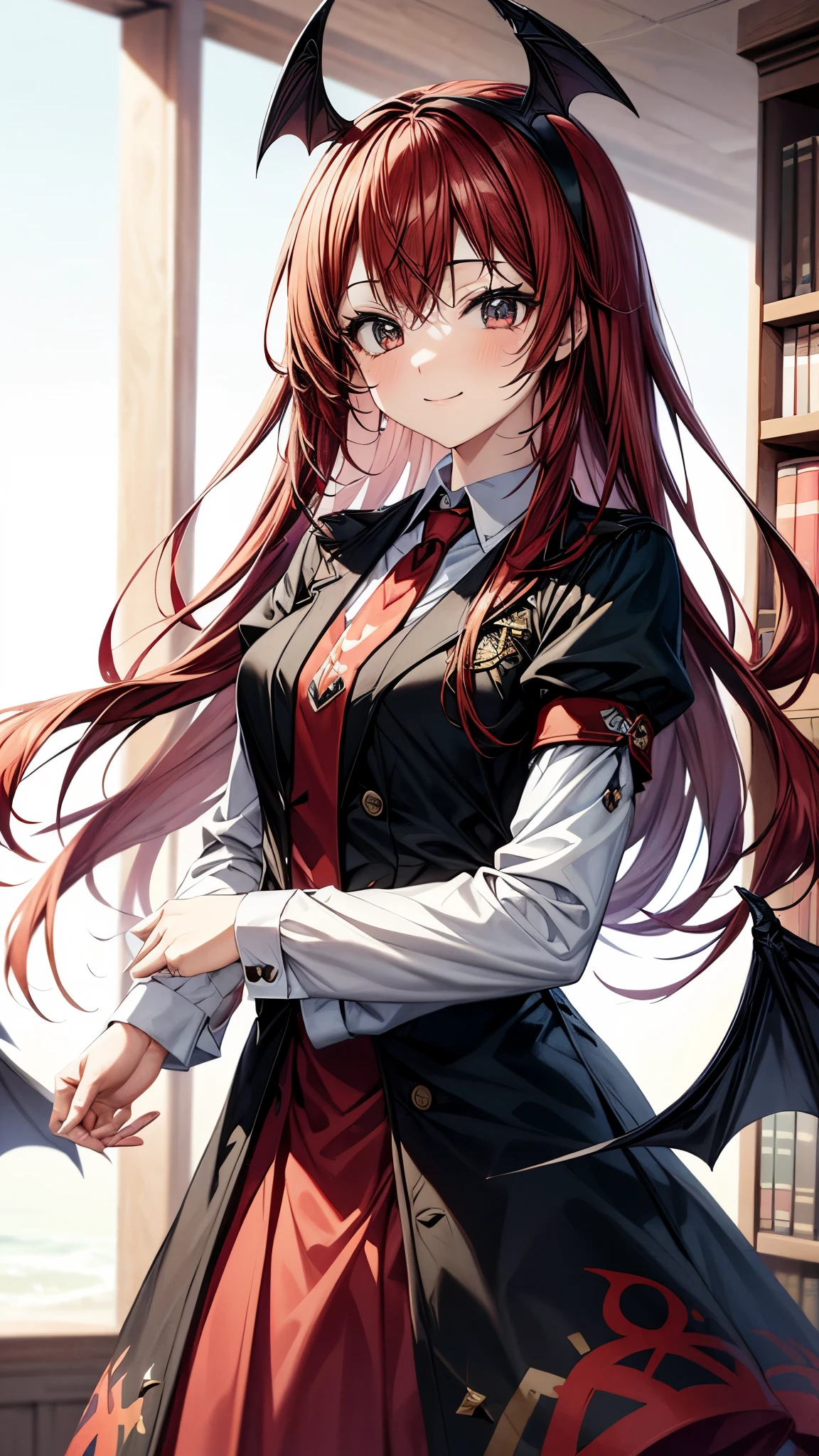 (super high quality,Ultra High Definition,16k,super masterpiece,Ultra HD , detailed shading and background,)one girl, long red hair with ocean print,bat feathers on the head,bat feathers on the back,smile,blush,The library where the sun shines,