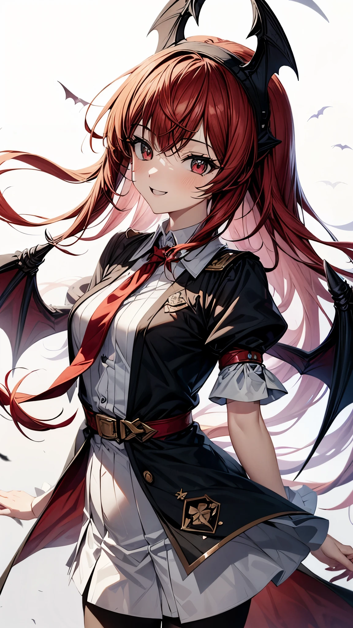 (super high quality,Ultra High Definition,16k,super masterpiece,Ultra HD , detailed shading and background,)one girl, long red hair with ocean print,bat feathers on the head,bat feathers on the back,smile,blush,The library where the sun shines,