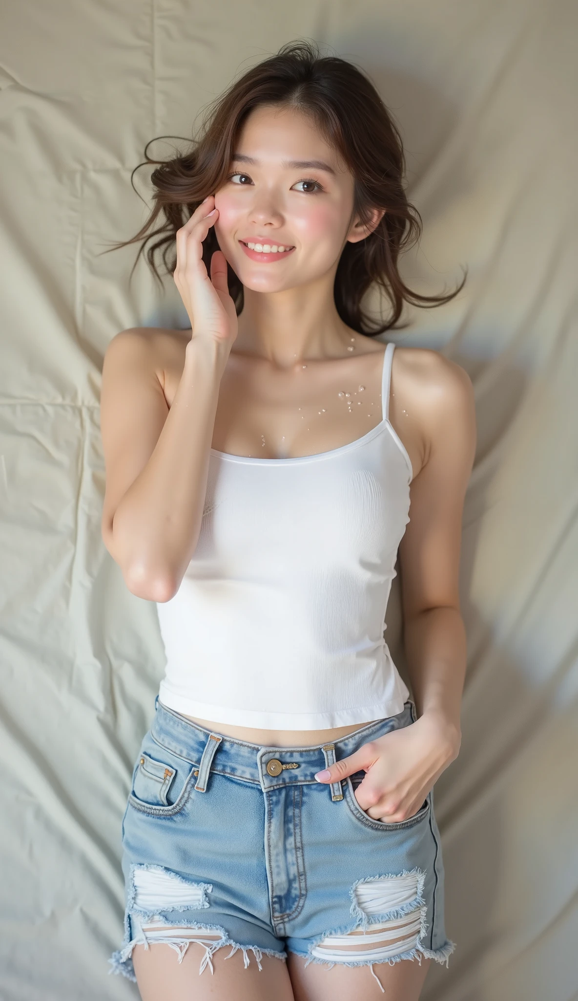 (ultra realistic realism), (enlightenment), (High resolution), (8K), (very detailed), (The best enlightenmentns), (beautiful and fine eyes), (highest quality), (super detailed), (master piece), (wallpaper), (detailed face), night、full body close-up、Bedroom、in the room、side、side shot、armpit,The girl shows Boko、 laughter,slight smile、cute smile、solo,黒い煙の白いSleeveless blouseの女の子, Sleeveless blouse、armpitで輝く、armpitが見えるノースリーブのトップス、sweaty skin、(光沢のあるglowing skin)、(The skin is as bright and radiant as possible)、Half beauty、Russians and half of the Japan、Breasts get bigger,No bra、erection、Protrusions on the shirt、ponytail haircut、bright red lipstick、red lipstick、black hoat black tight skirt、short skirt、armpit、glowing skin、armpit、side、Armpit、Sleeveless shirt visible on the side、The left and right axillas are shown、armpitを示す美しい女性、汗まみれのSleeveless blouse、(光沢のあるarmpitを示しています)、armpitのショー、delicate skin、realistic skin types、real beauty、OL Beauty、汗で濡れたノースリーブのarmpitシャツ、real beauty with shiny skin、For use、Hands folded behind the head、put your hands on the back of your head,armpitを露出させる、sleeveless tops,光沢のあるarmpitが見えます、White sleeveless top、汗まみれのSleeveless blouse、armpitと笑顔を示すかわいい美しい女性、22 years old、sweaty、(8K、highest quality、master piece:1.2),Breasts get bigger