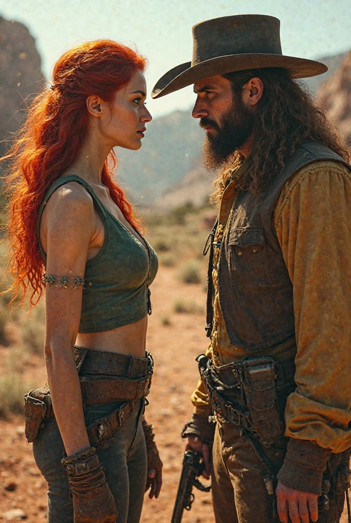 full body realism, a woman with long red hair wearing black leather pants and a plaid shirt is standing next to a gun holster in front of a wild west landscape at sunset