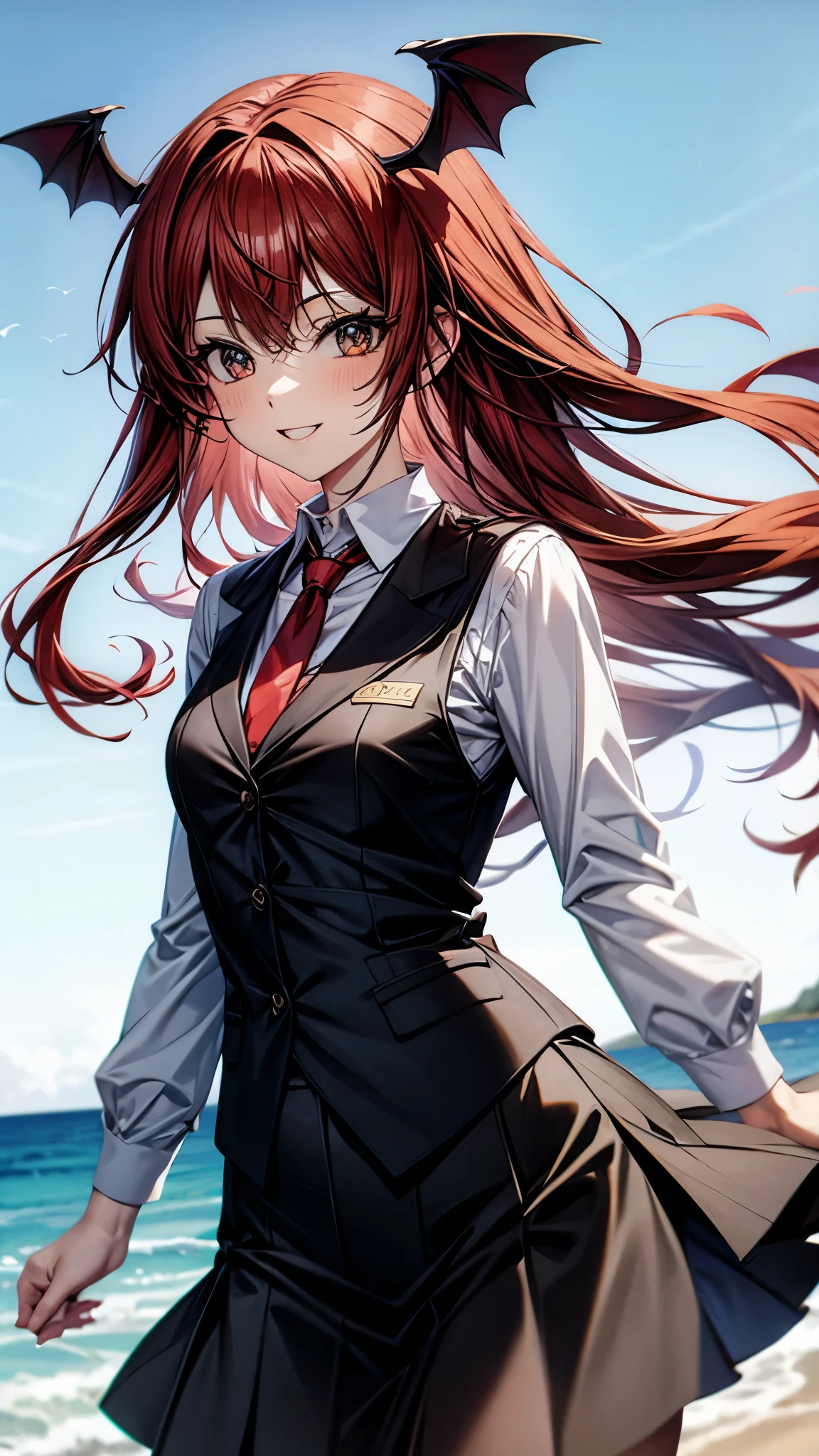 (super high quality,Ultra High Definition,16k,super masterpiece,Ultra HD , detailed shading and background,)one girl, long red hair with ocean print,bat feathers on the head,bat feathers on the back,Black vest, white long sleeve shirt,red tie,black skirt,smile,blush,The library where the sun shines,
